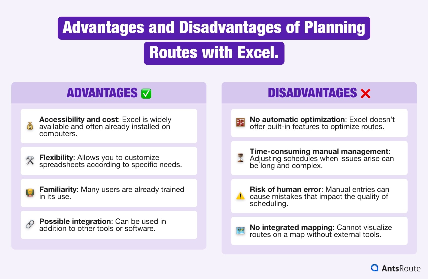 Diagram showing the advantages and disadvantages of planning routes with Excel.