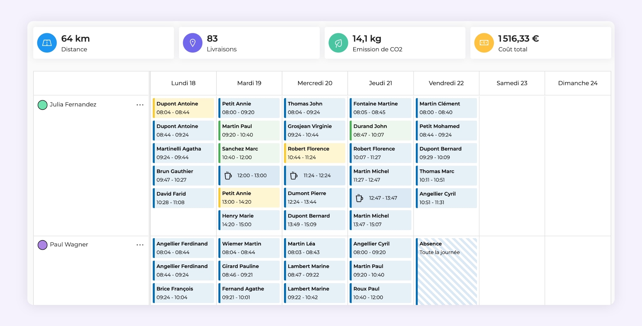 L'interface AntsRoute montrant un planning de livraisons.