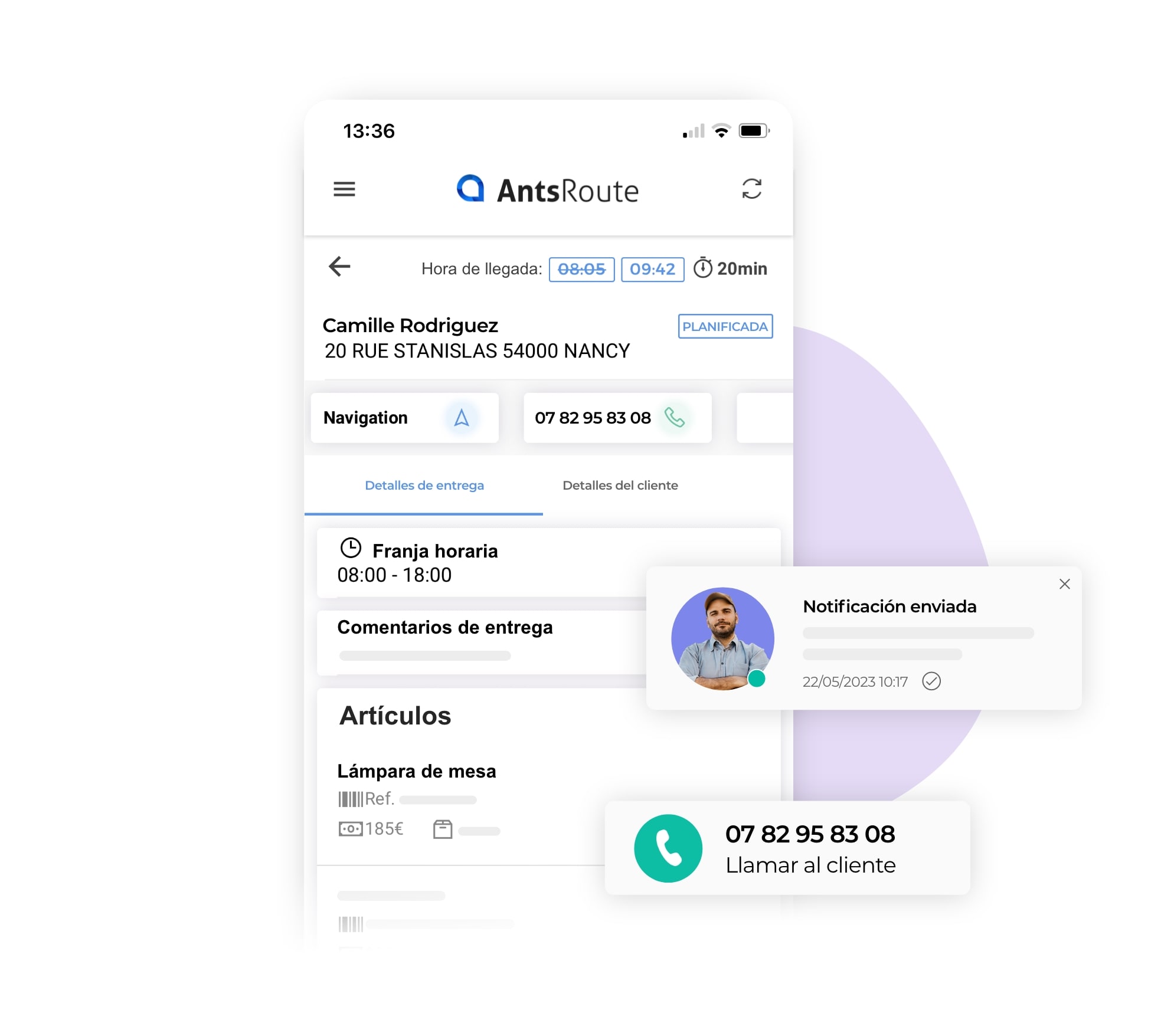 La aplicación móvil AntsRoute muestra los detalles de la entrega.