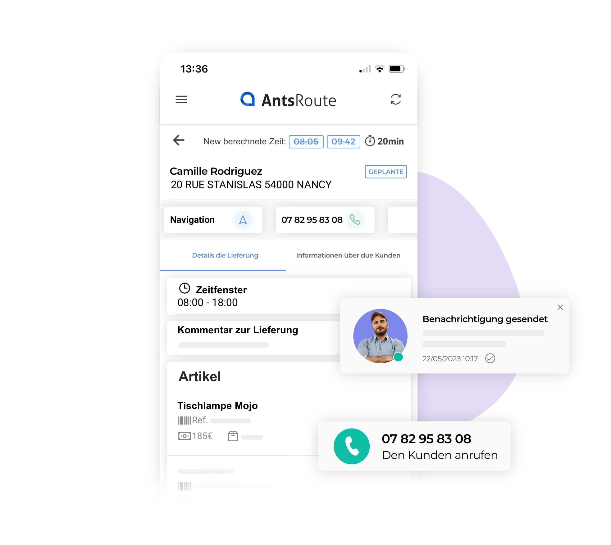 Die mobile Anwendung von AntsRoute zeigt die Details der Lieferung.