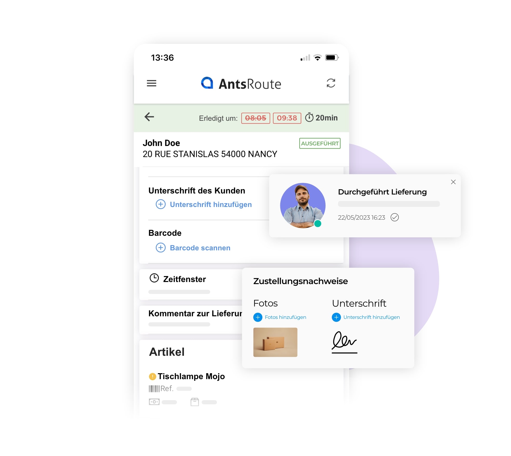 Die mobile Anwendung AntsRoute zeigt die Validierung einer Lieferung.
