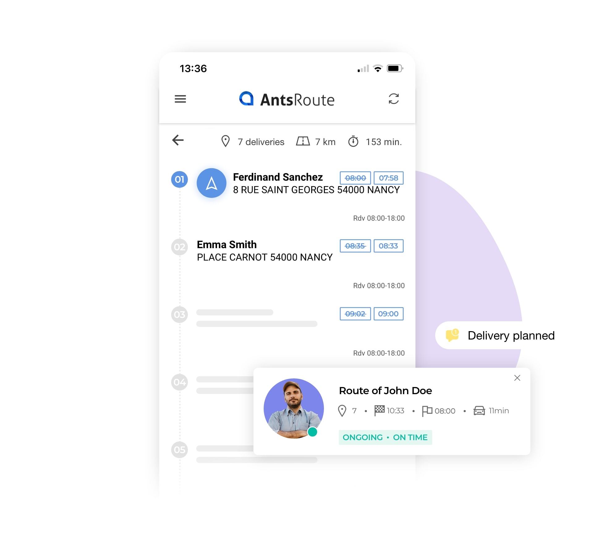 AntsRoute mobile application showing delivery stops.