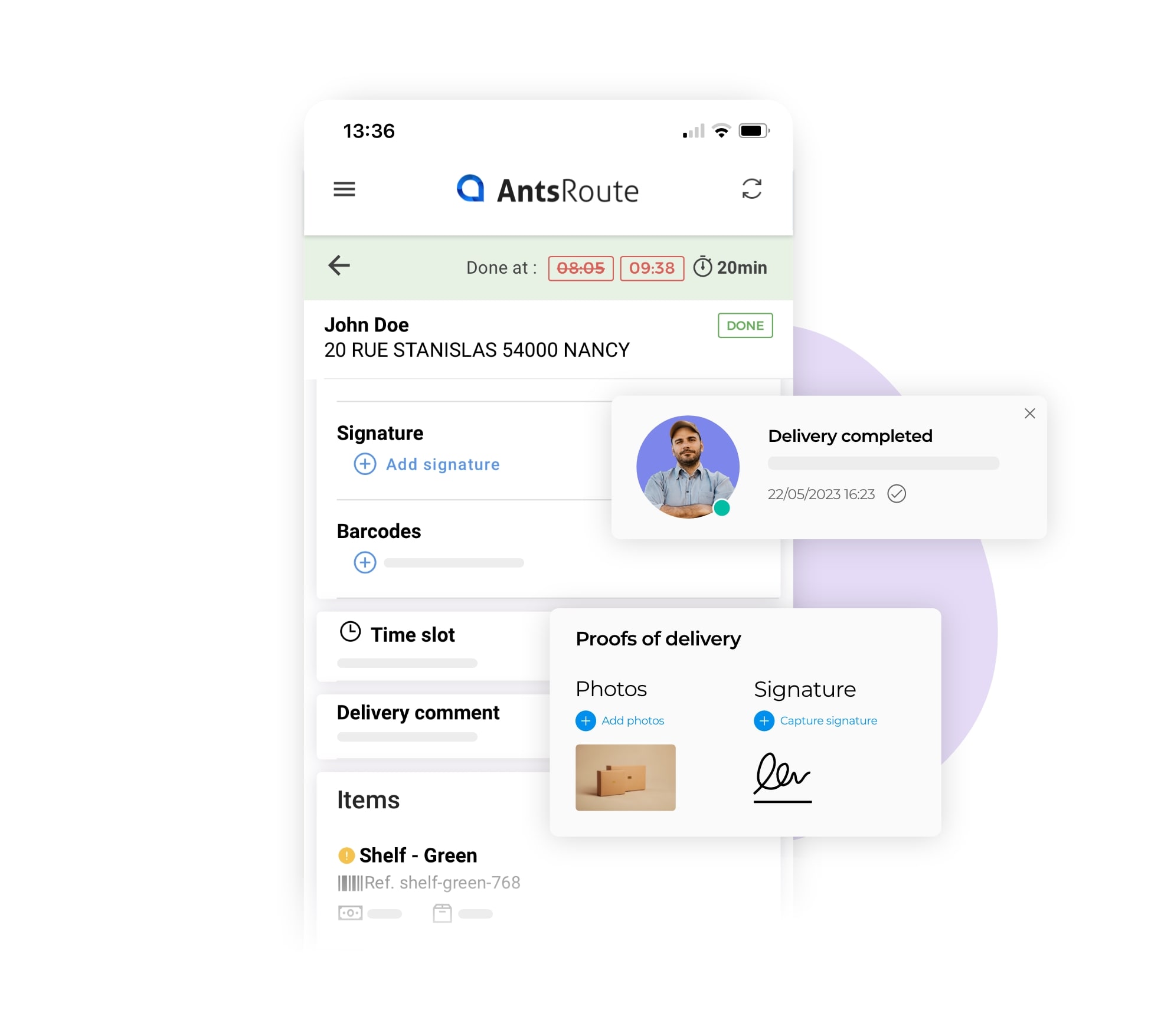The AntsRoute mobile application showing the validation of a delivery.
