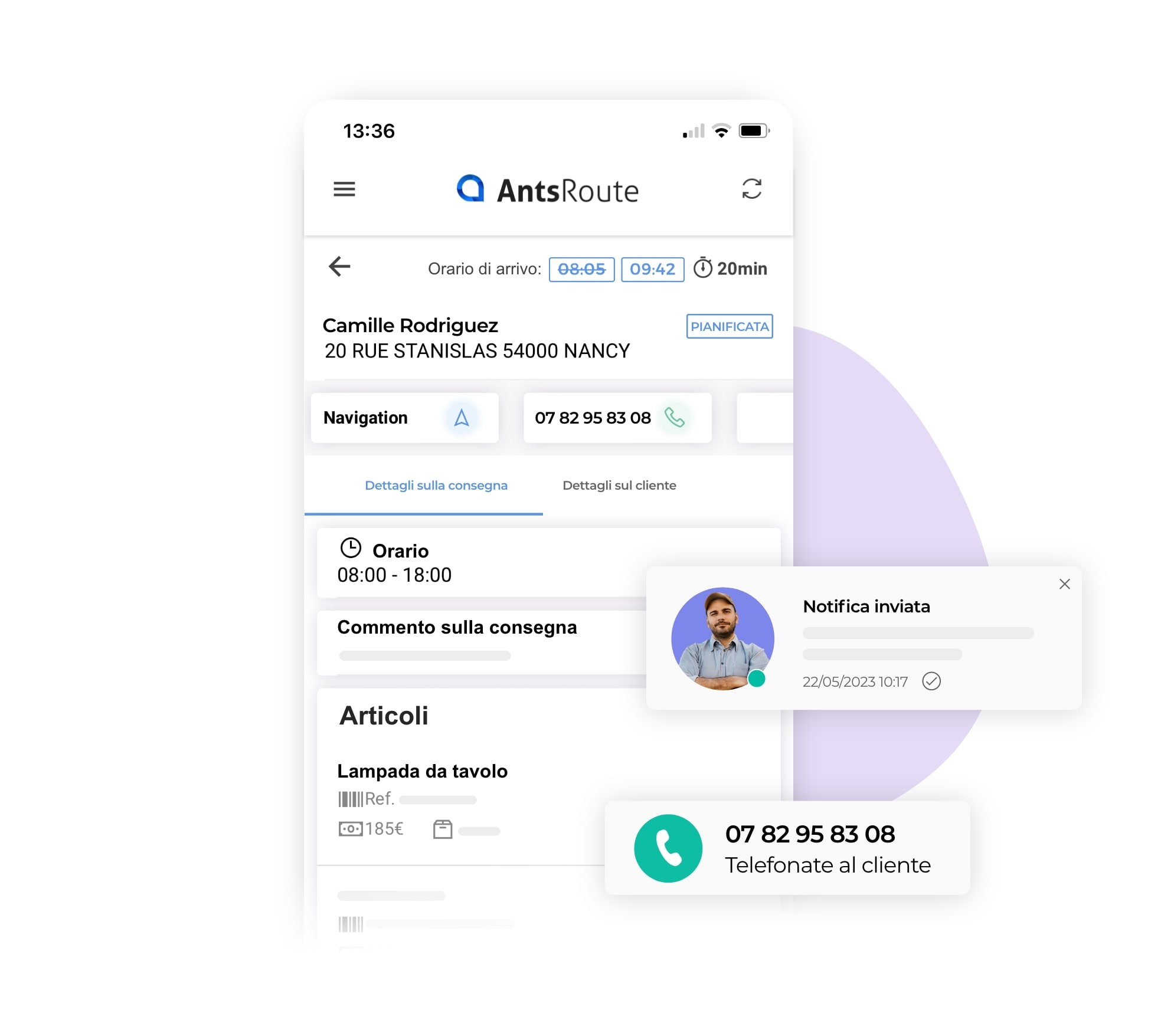 L'applicazione mobile AntsRoute mostra i dettagli della consegna.