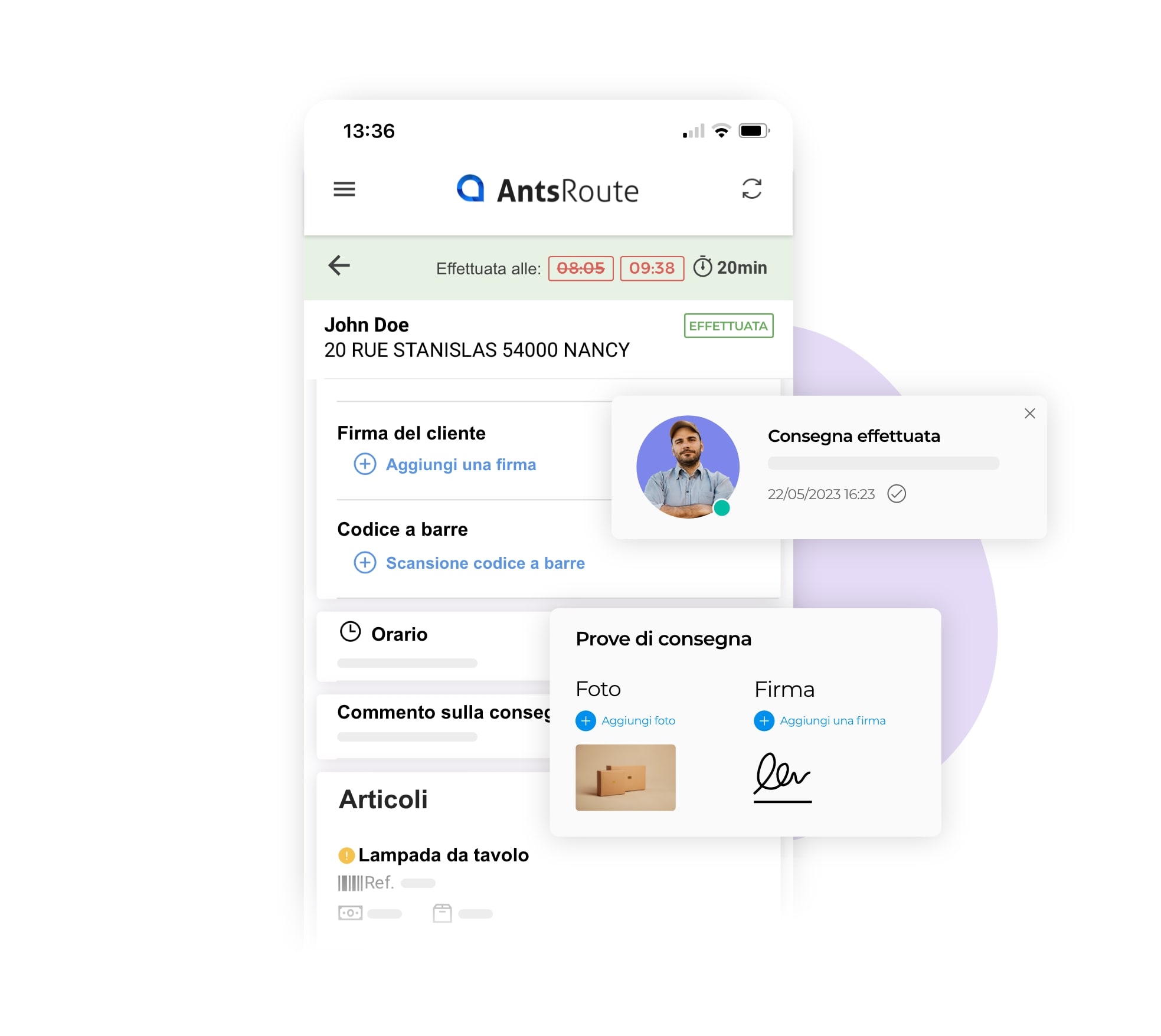 L'applicazione mobile AntsRoute mostra la convalida di una consegna.