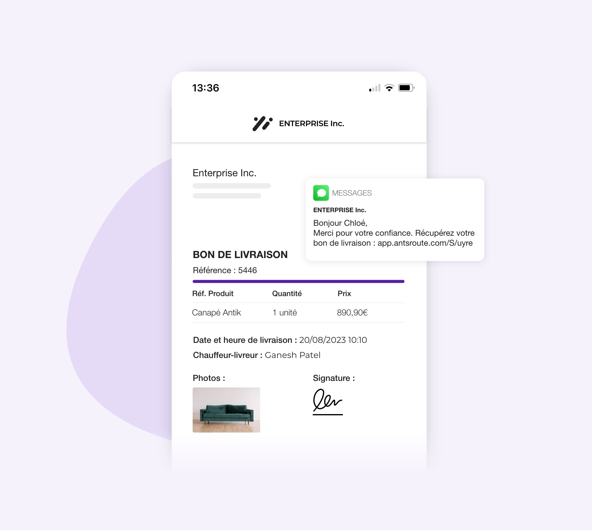 Bon de livraison envoyé au client via une notification AntsRoute.