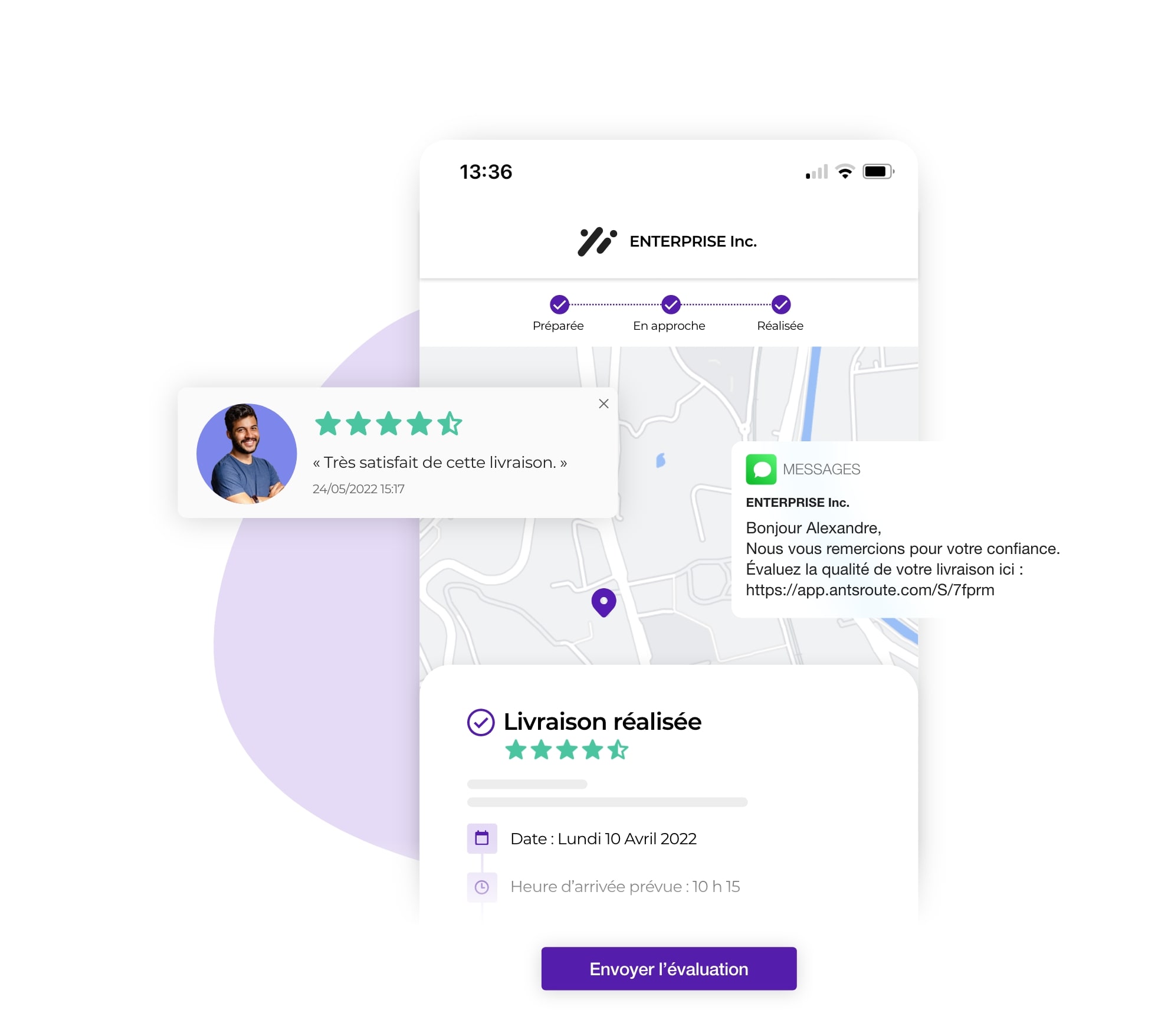 Lien permettant au client d'évaluer la qualité de livraison via une notification AntsRoute.