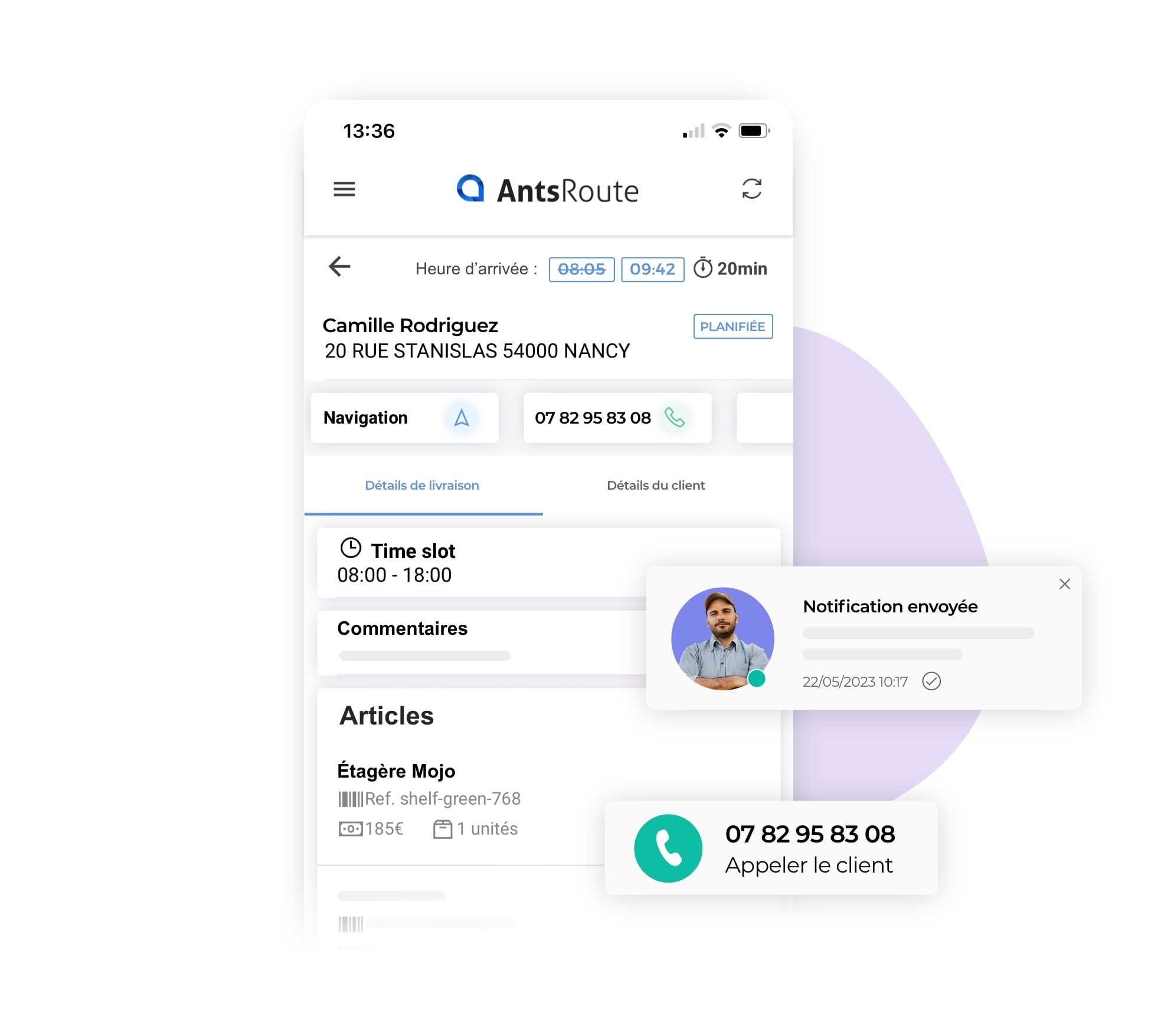 L'application mobile AntsRoute montrant les détails d'une livraison.