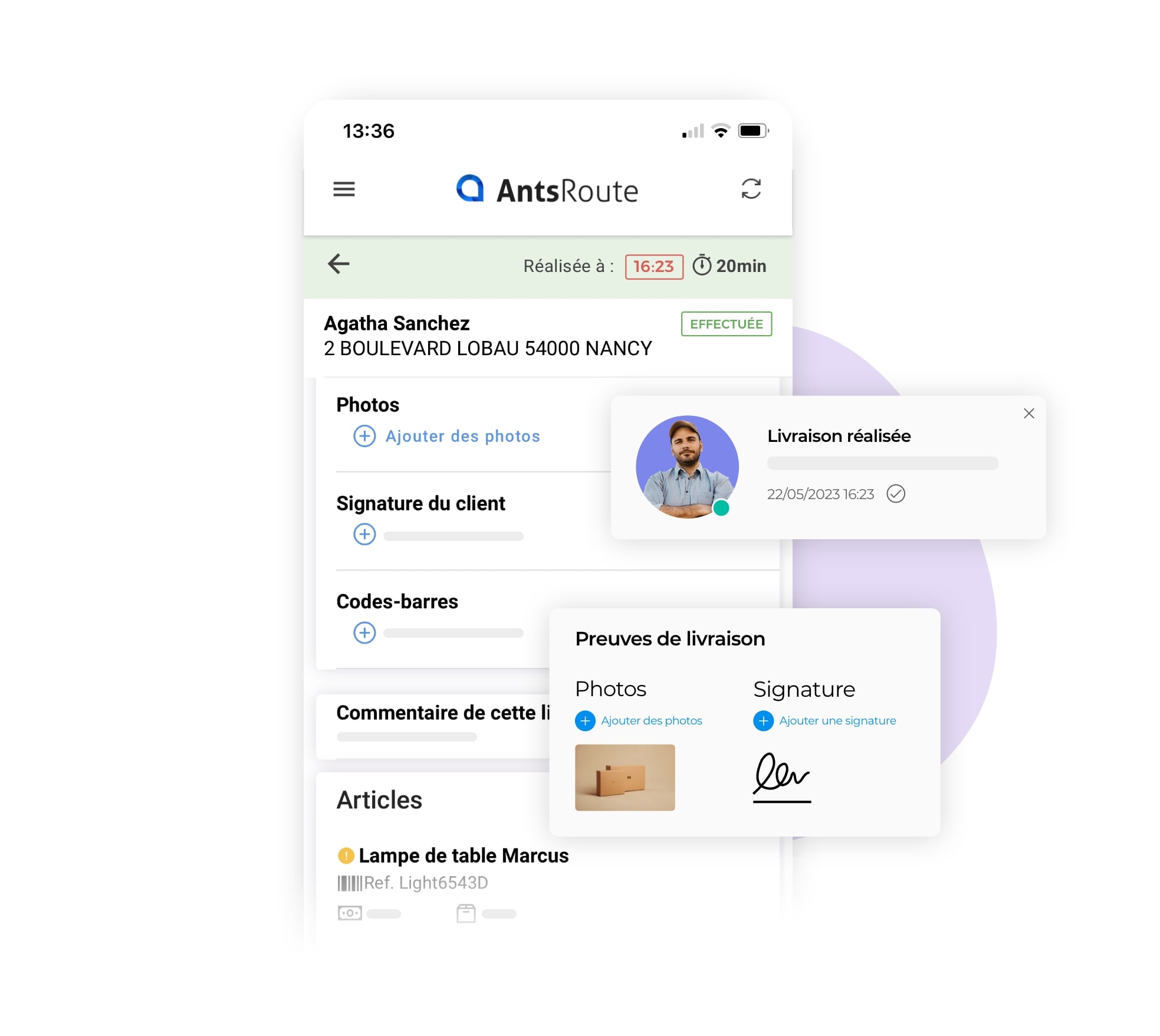 L'application mobile AntsRoute montrant la validation d'une livraison.