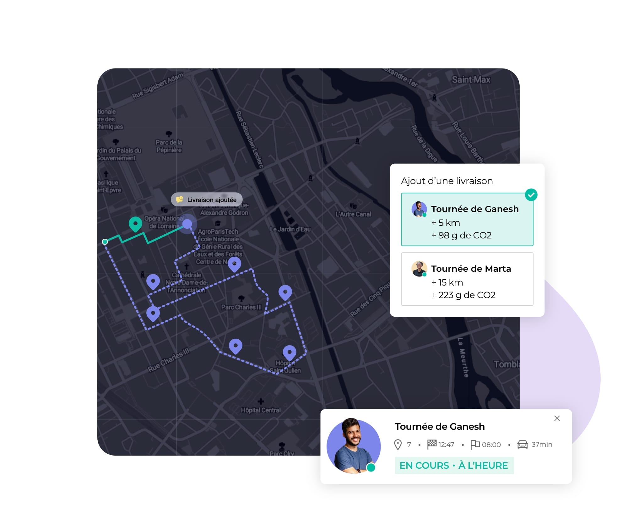 Vue de l’assignation des livraisons de dernière minute sur AntsRoute.