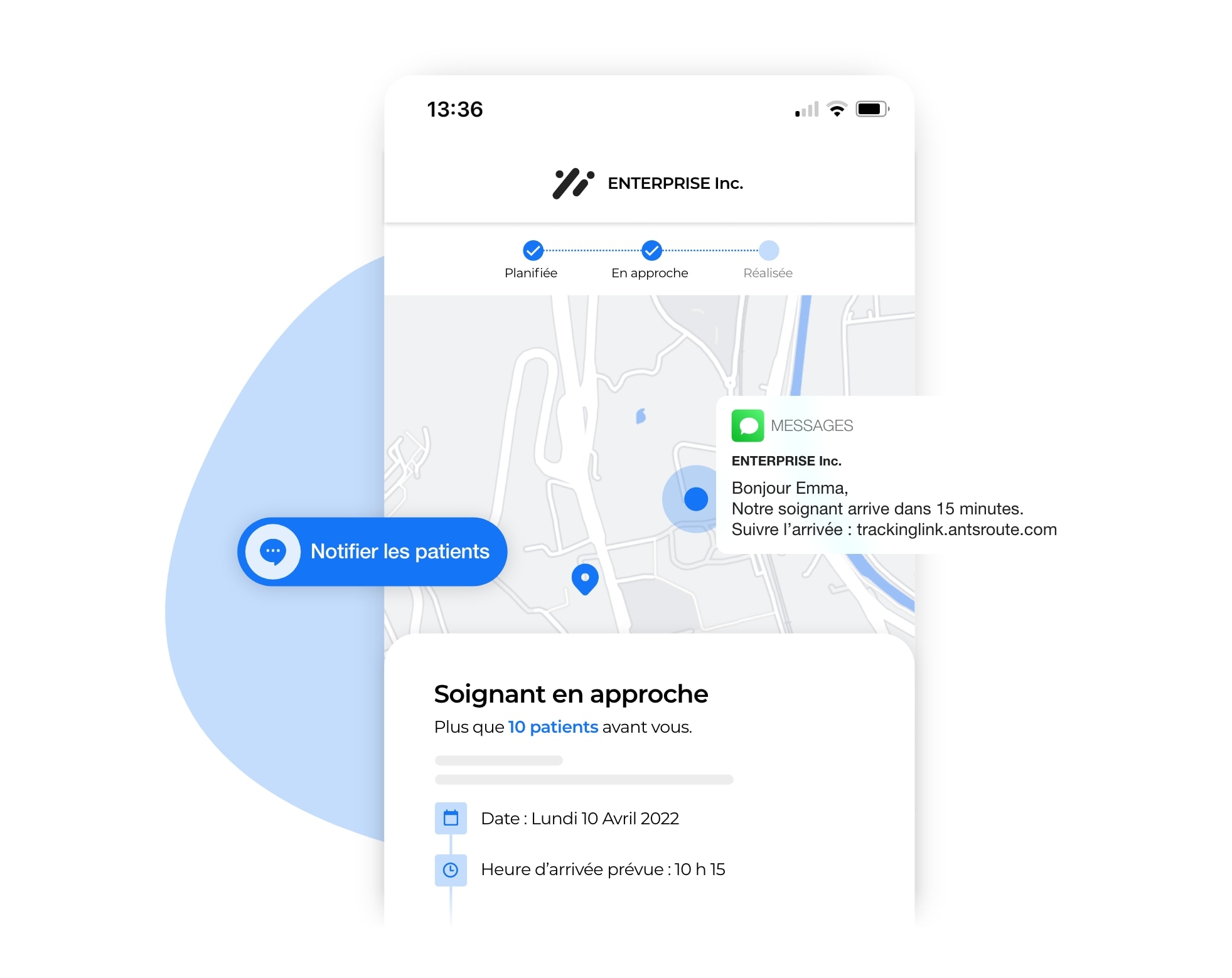 L'envoi via AntsRoute d'une notification permettant au patient de suivre l'arrivée du professionnel de santé.