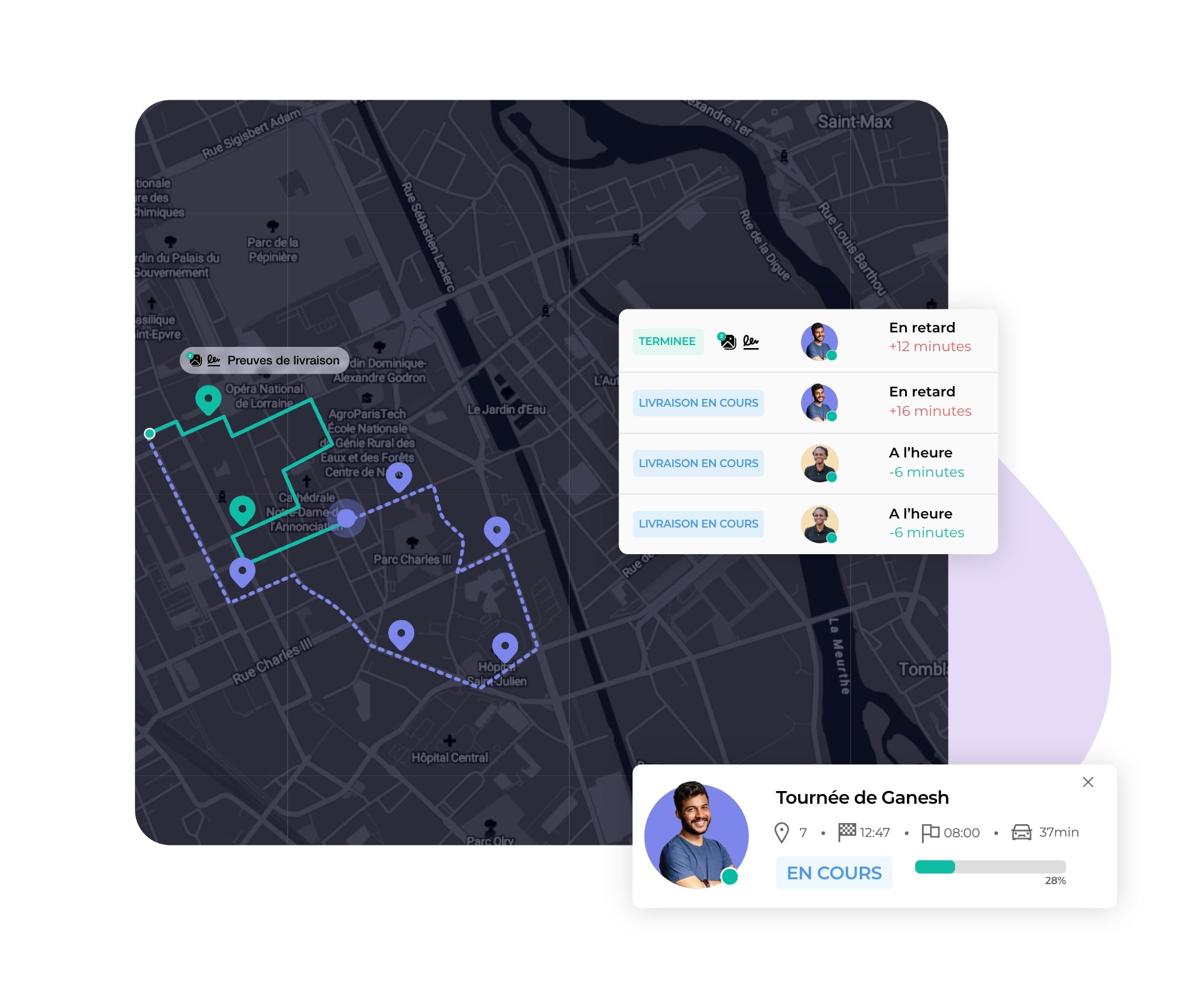 L'interface AntsRoute présente le niveau d'avancement des chauffeurs.