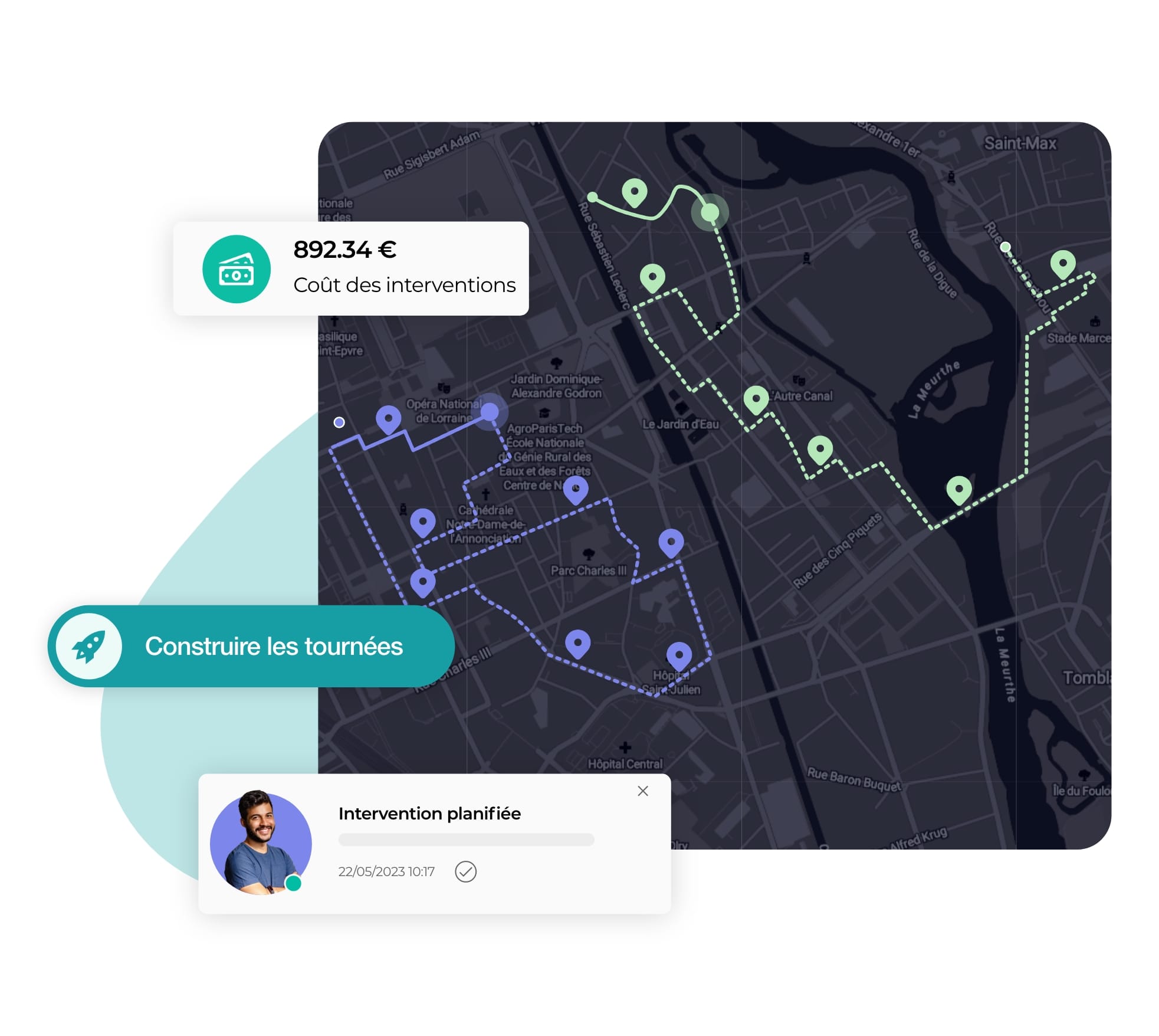 Vue de l’activité d’un planificateur d’interventions sur AntsRoute avec la création d’itinéraires optimisés.