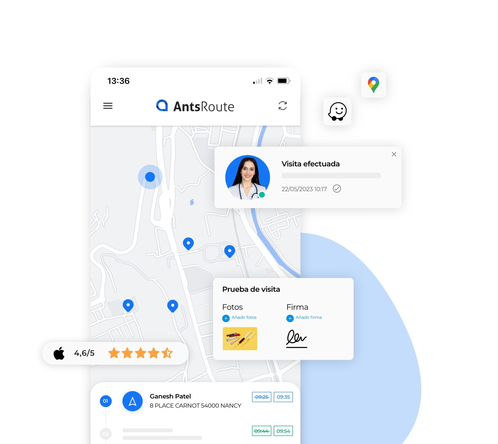 Dashboard de profesionales sanitarios en AntsRoute con transmisión de prueba de visita.