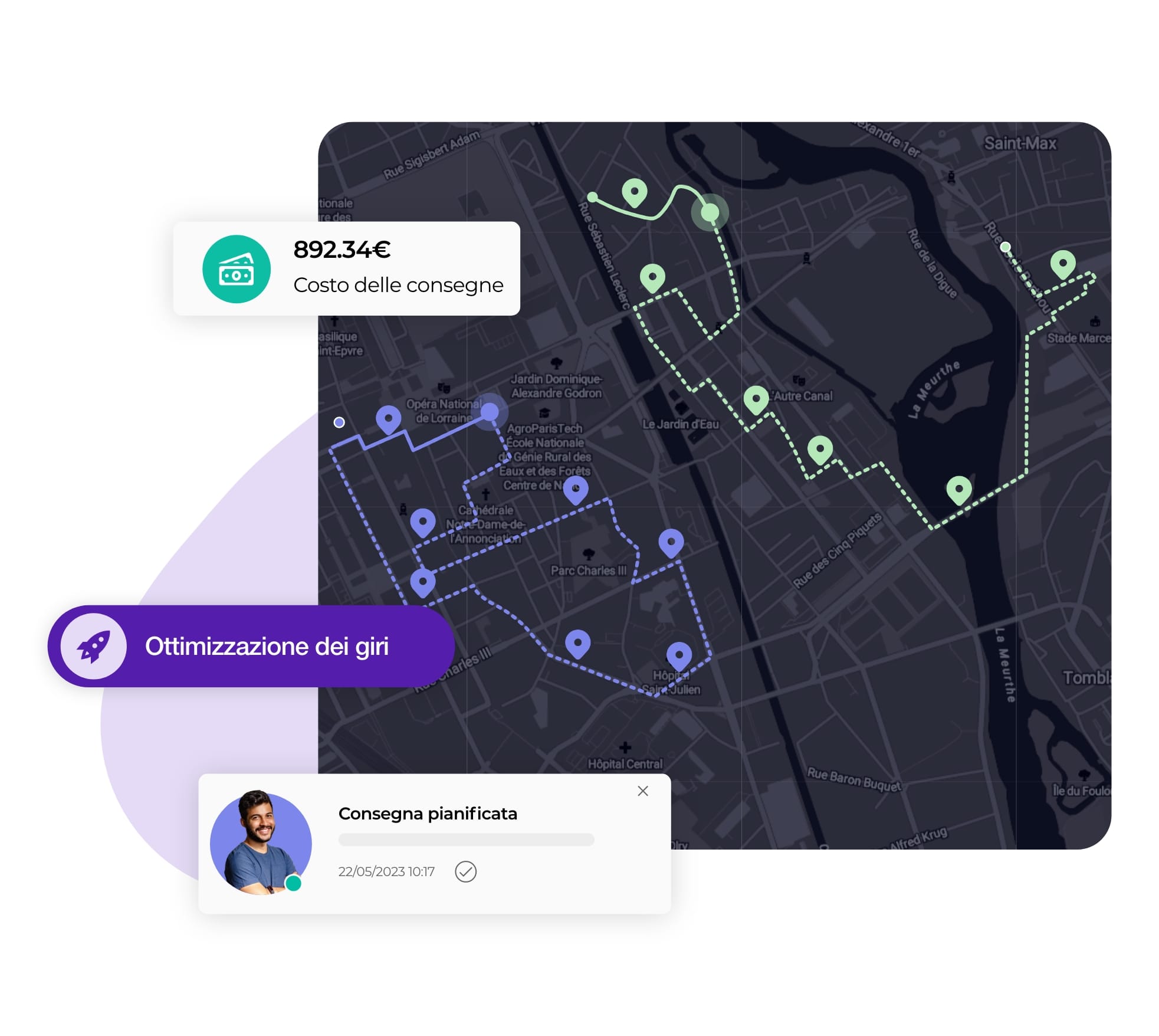Dashboard di un addetto alla pianificazione dei giri su AntsRoute con la creazione di percorsi di consegna ottimizzati.