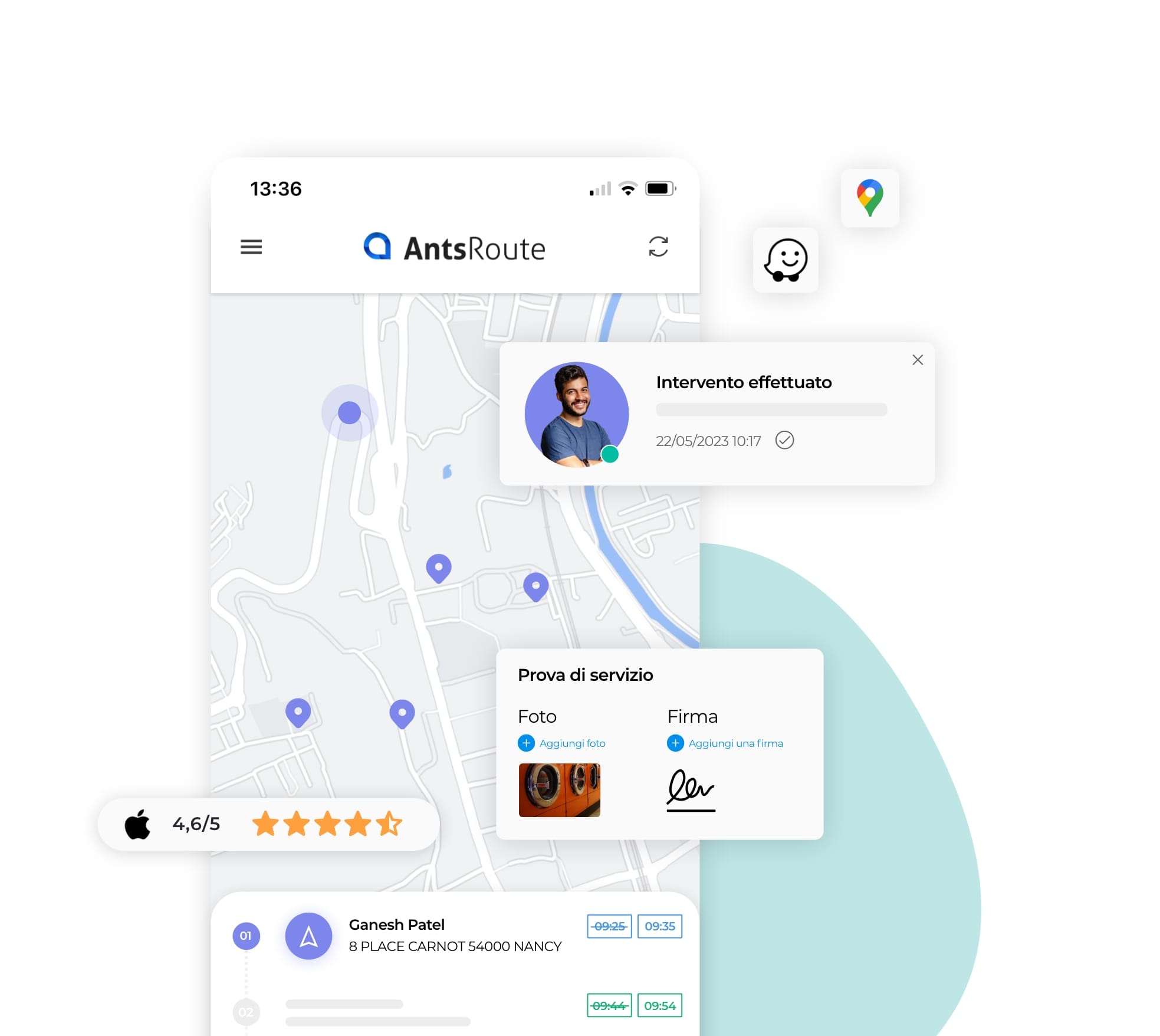 Dashboard dell'attività di un tecnico o di un agente sul campo su AntsRoute con la trasmissione delle prove di passaggio.
