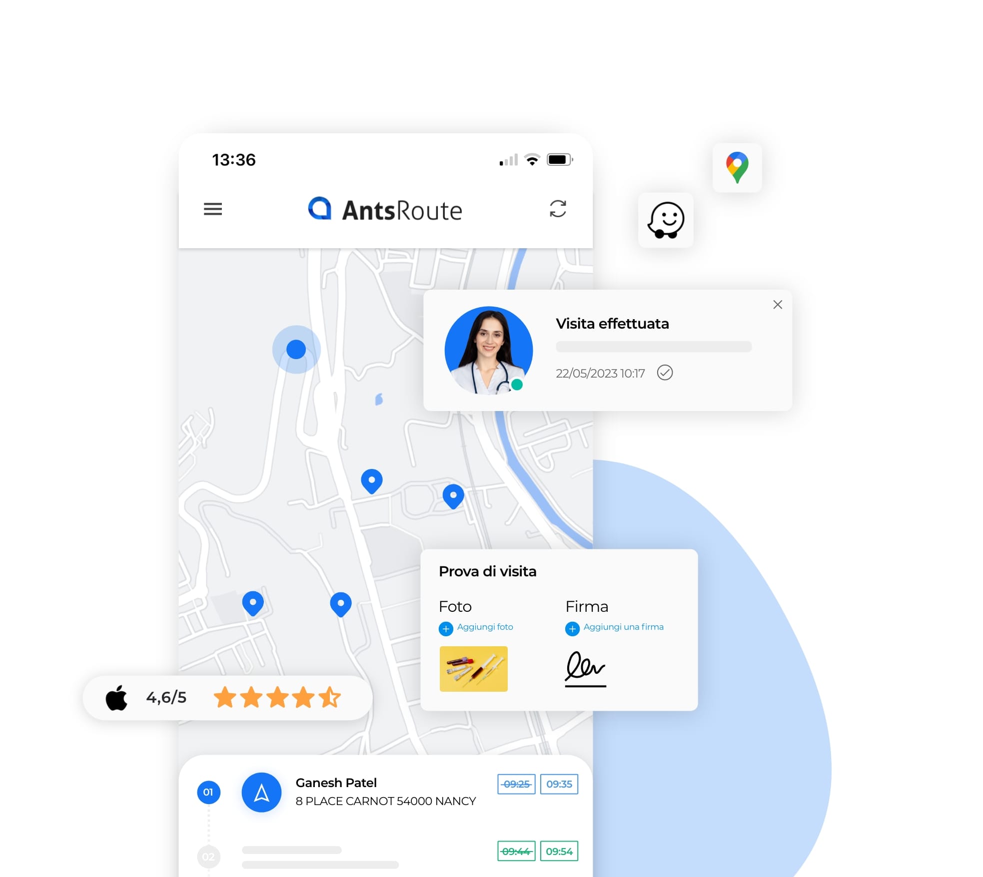 Dashboard di un assistente di campo su AntsRoute con la trasmissione della prova di visita.
