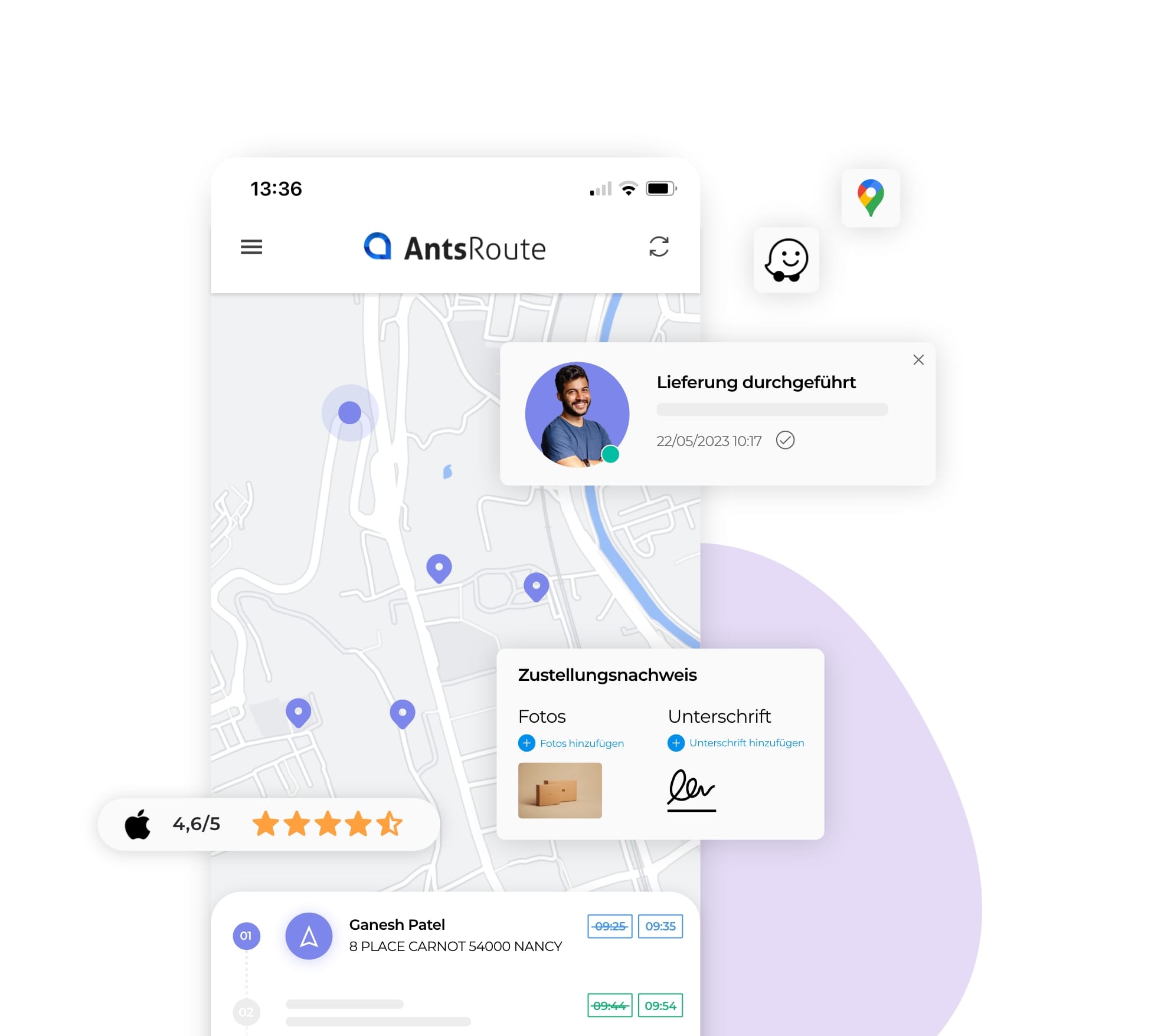 Dashboard eines Auslieferungsfahrers auf AntsRoute mit Übertragung der Nachweise.