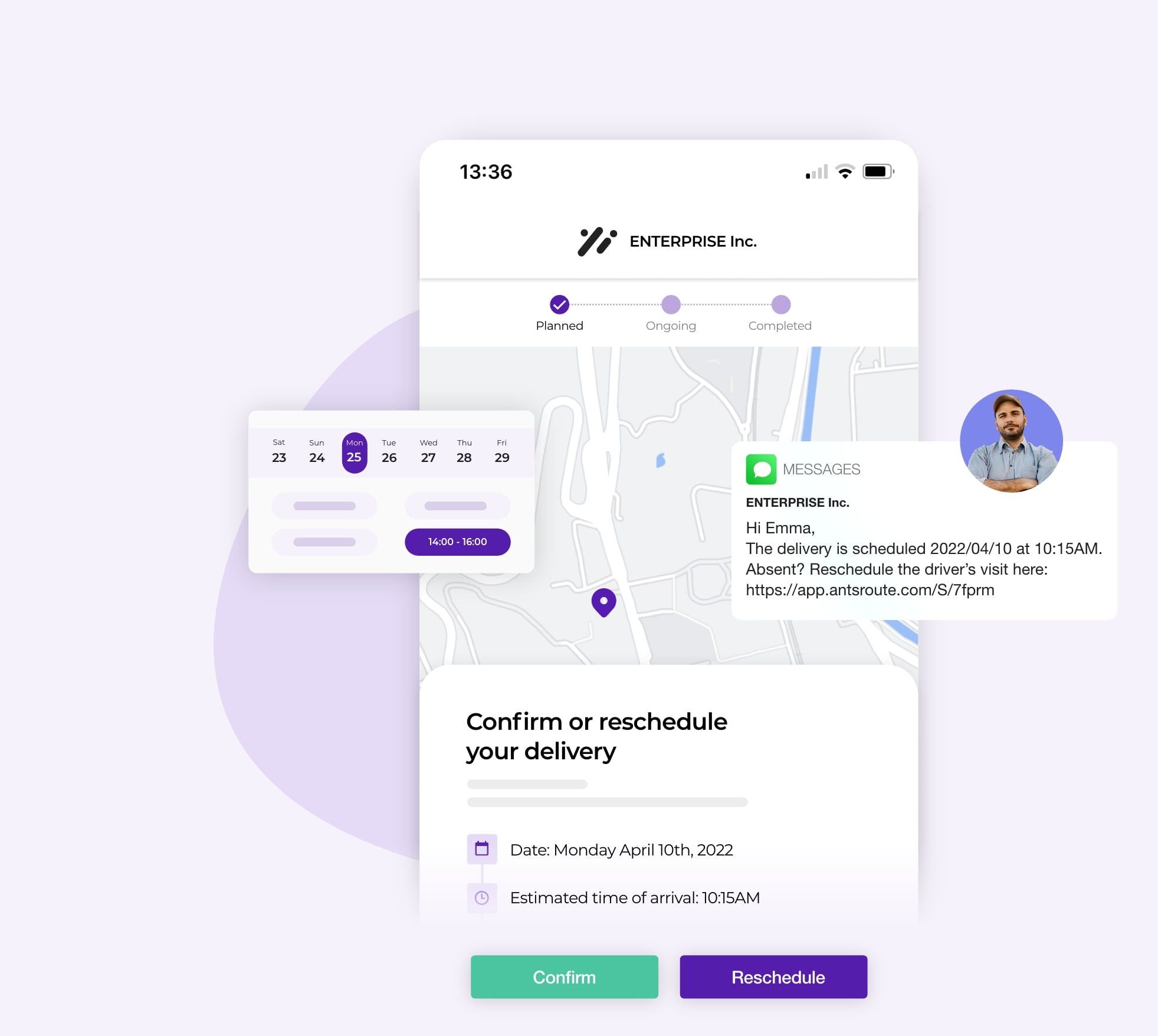 Link enabling the customer to reschedule a delivery via an AntsRoute notification.