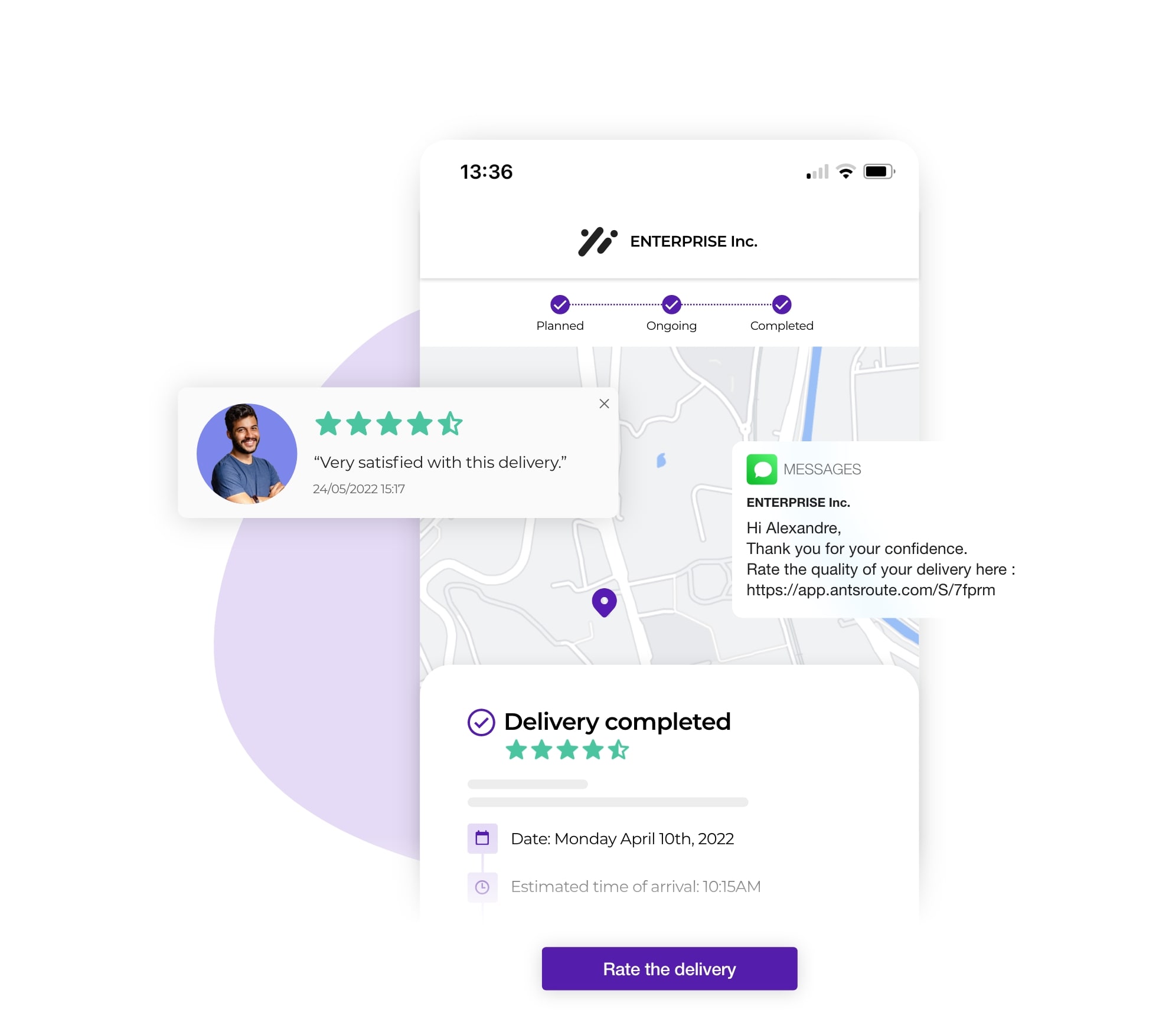 Link enabling the customer to assess the quality of delivery via an AntsRoute notification.