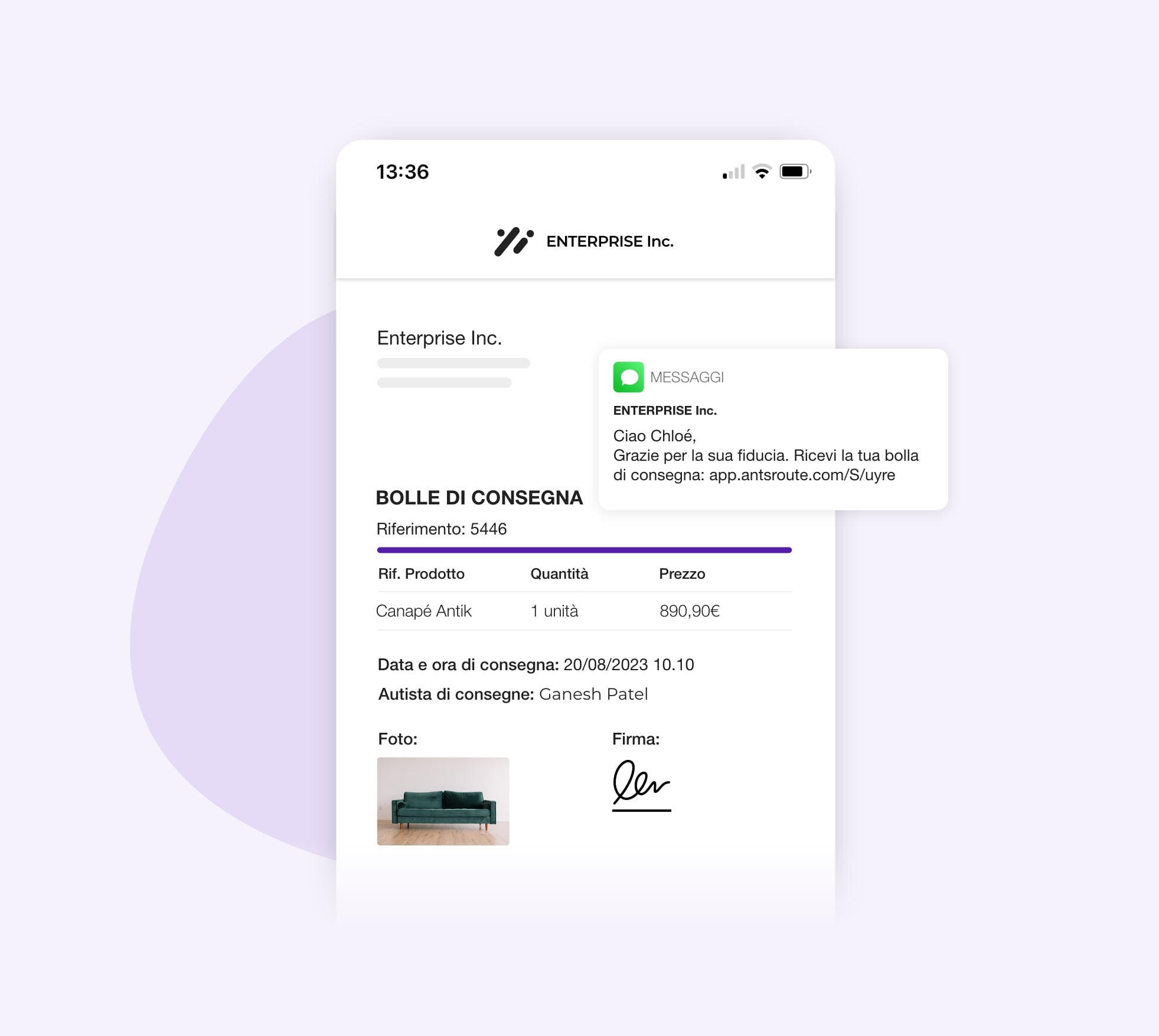 Notifica AntsRoute inviata ai clienti con il link per scaricare la bolla di consegna.