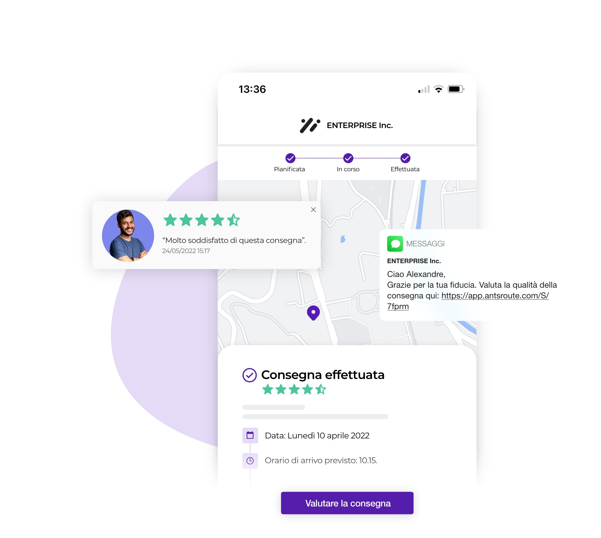 Notifica AntsRoute con link per consentire al cliente di valutare la qualità della consegna.