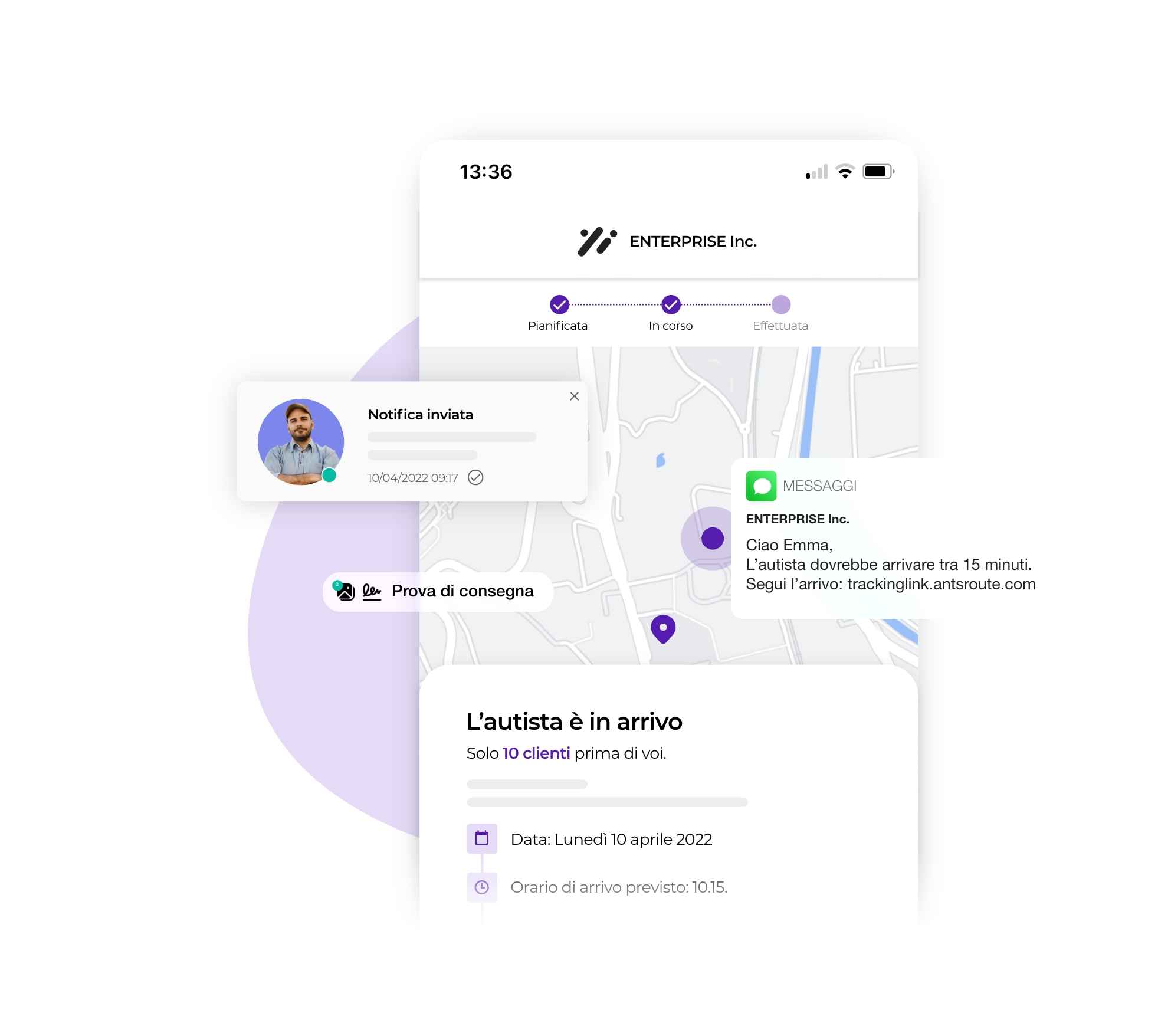 Il sistema di notifica della piattaforma AntsRoute per garantire un'esperienza di consegna soddisfacente.