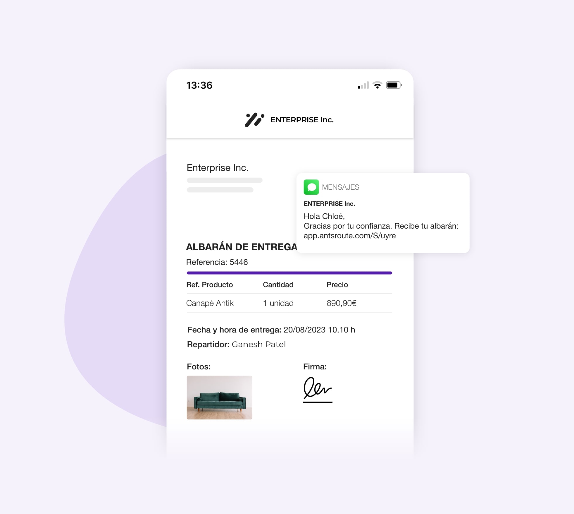Notificación de AntsRoute enviada a los clientes con enlace para descargar el albarán de entrega.