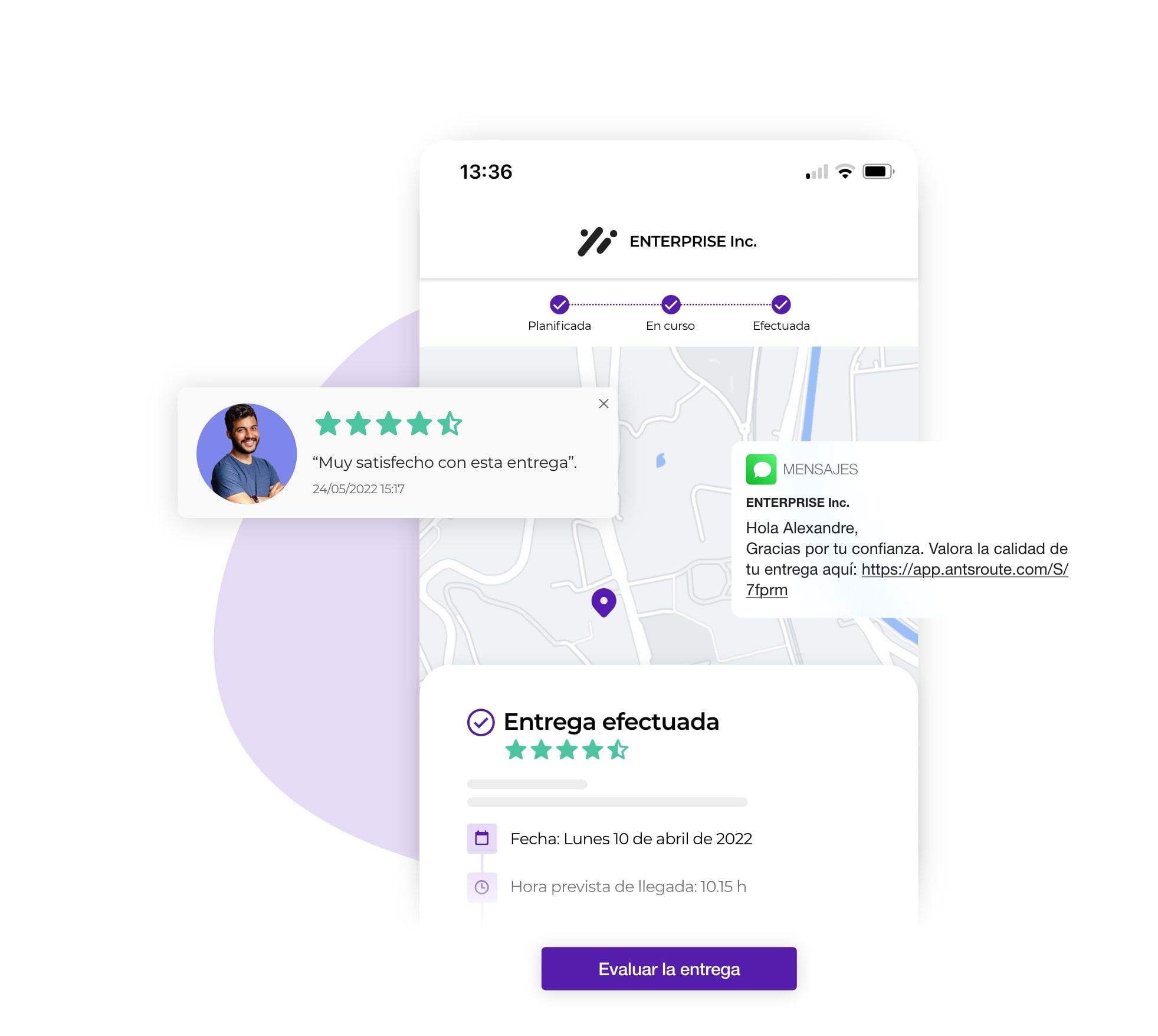 Notificación AntsRoute con enlace que permite al cliente evaluar la calidad de la entrega.
