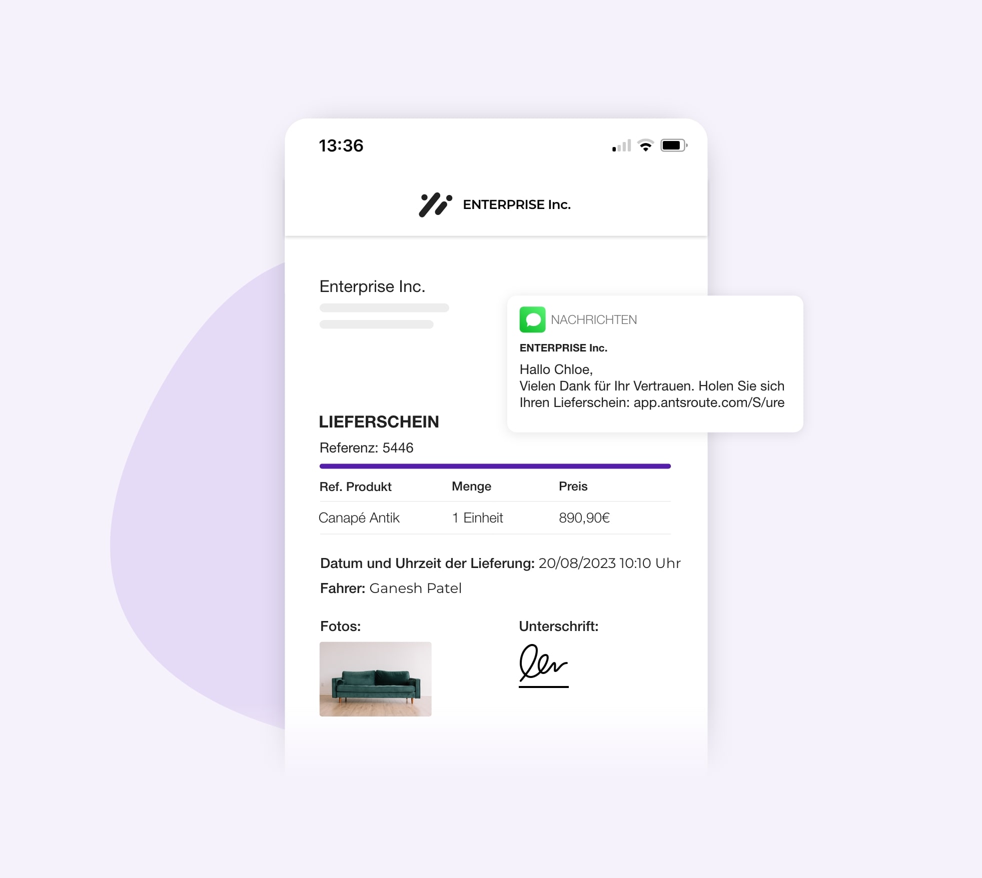 AntsRoute-Benachrichtigung an den Kunden mit Link zum Download des Lieferscheins.
