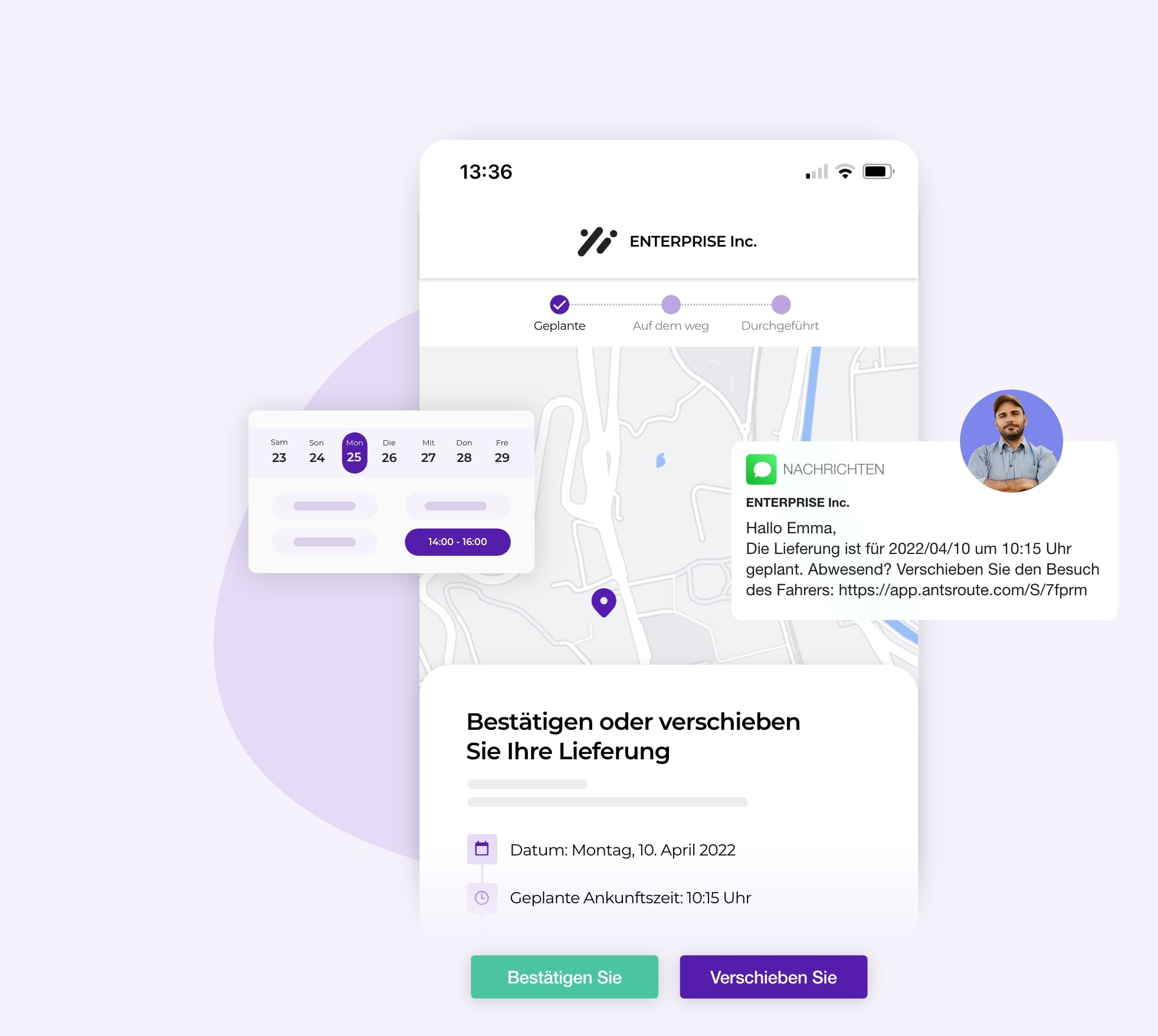 AntsRoute-Benachrichtigung mit einem Link, der es dem Kunden ermöglicht, eine Lieferung zu verschieben.
