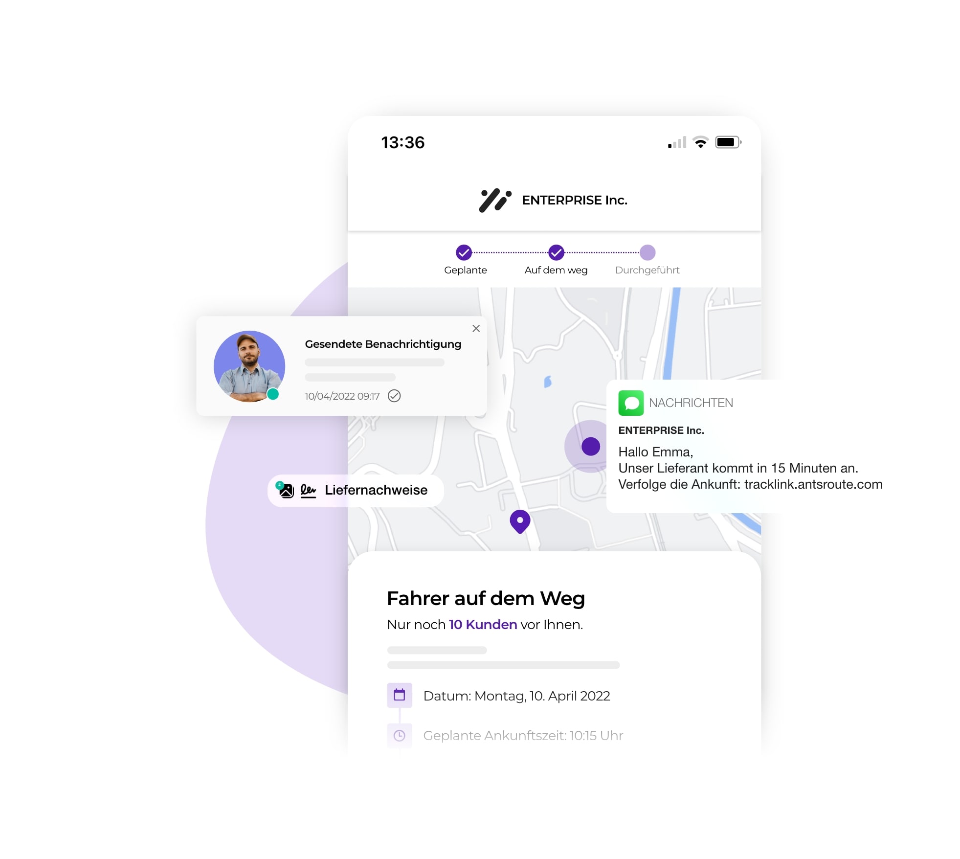 Das Benachrichtigungssystem der AntsRoute-Plattform, um eine erfolgreiche Lieferung zu gewährleisten.