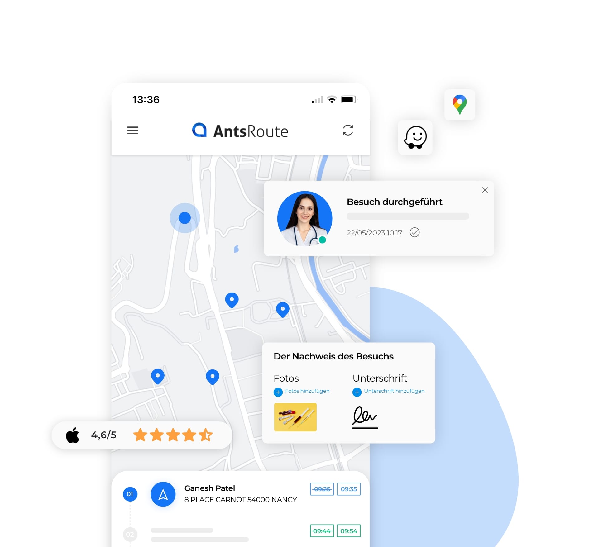 Dashboard of Health Care Professionals on AntsRoute with proof of visit transmission.