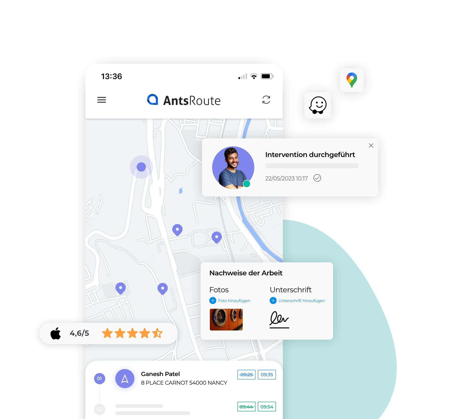 Dashboard der Tätigkeit eines Technikers oder Außendienstmitarbeiters auf AntsRoute mit der Übermittlung von Befahrungsnachweisen.