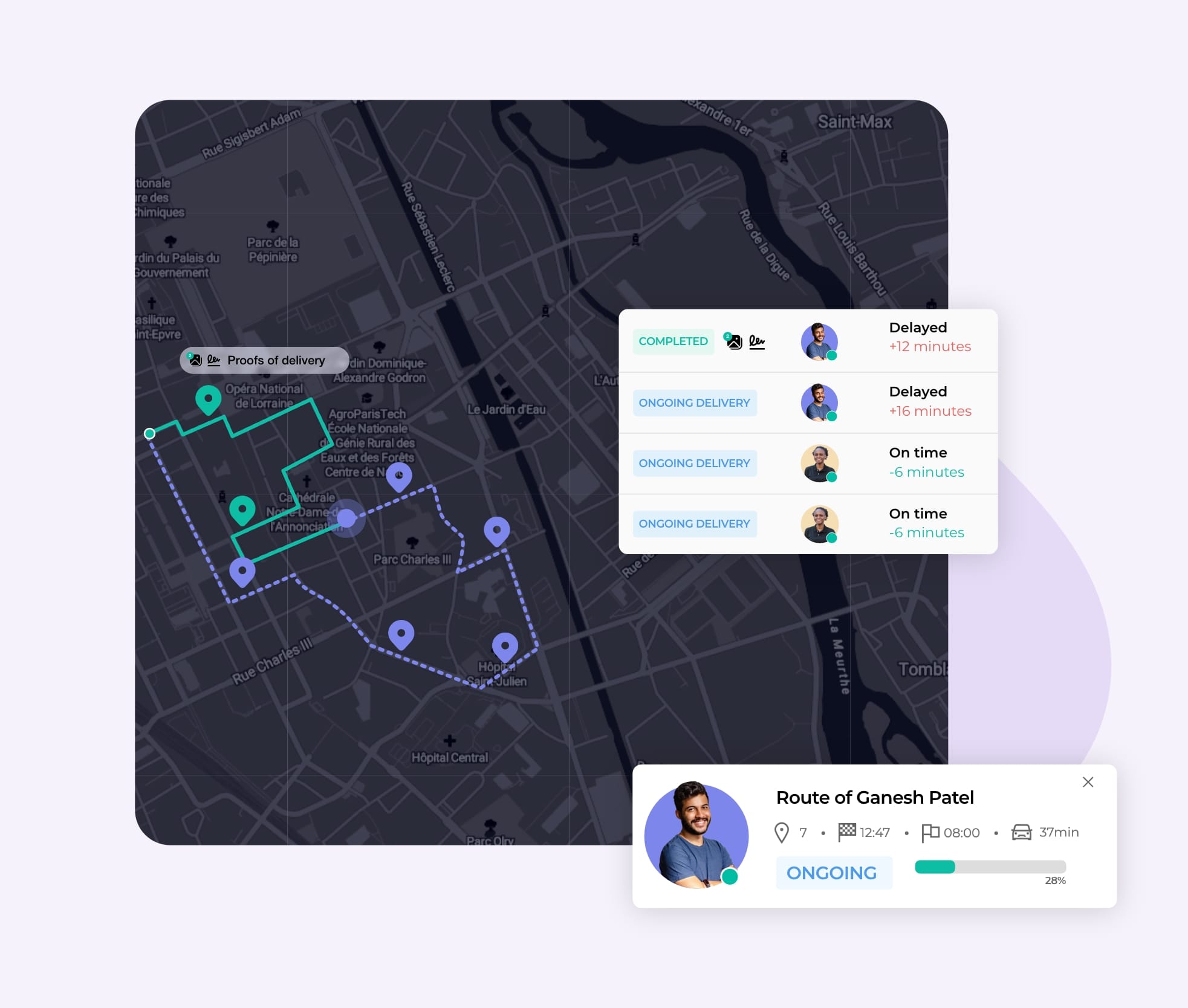View of an AntsRoute user's activity with live delivery driver tracking.