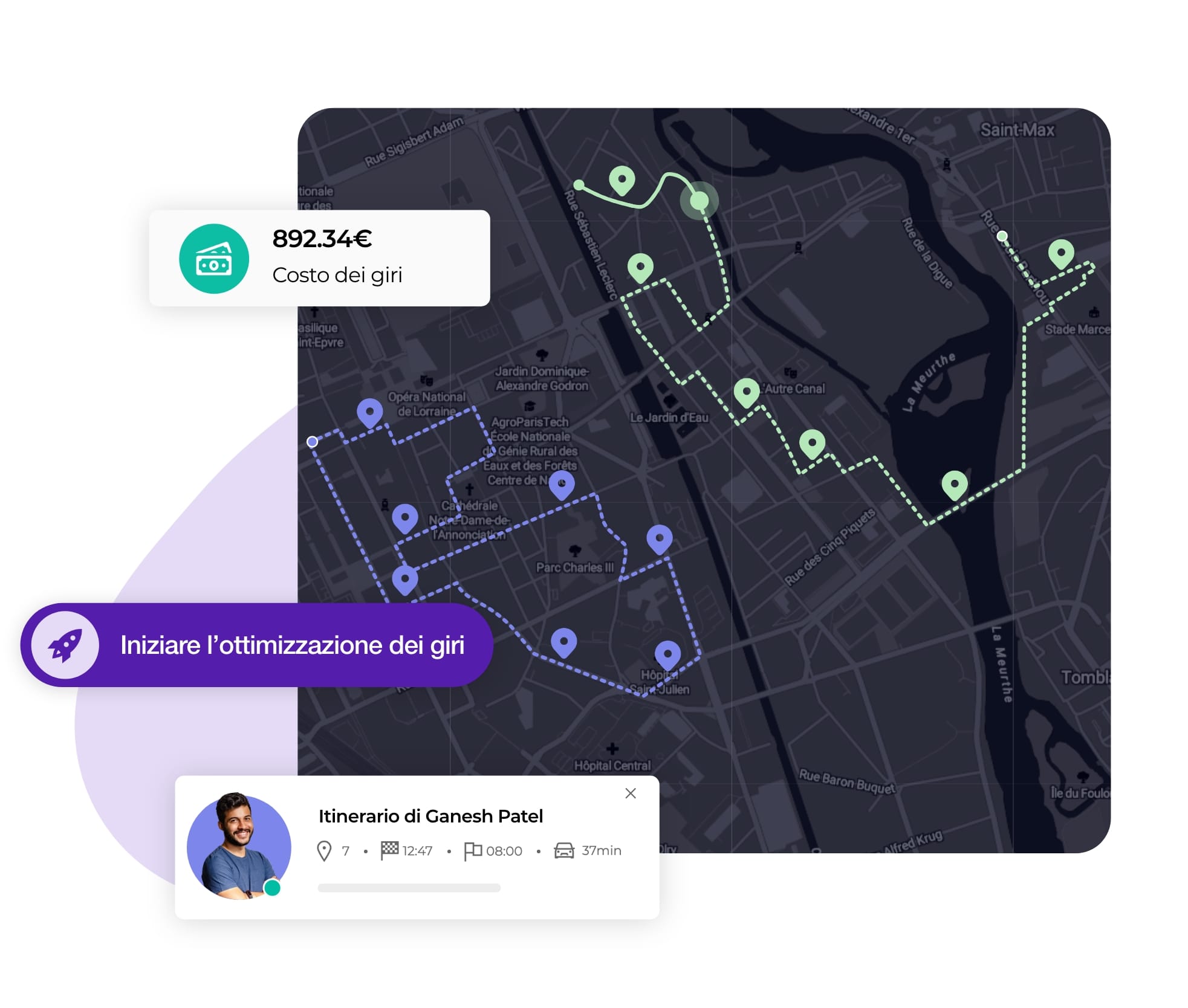 Vista della costruzione di giri di consegna ottimizzati su AntsRoute.
