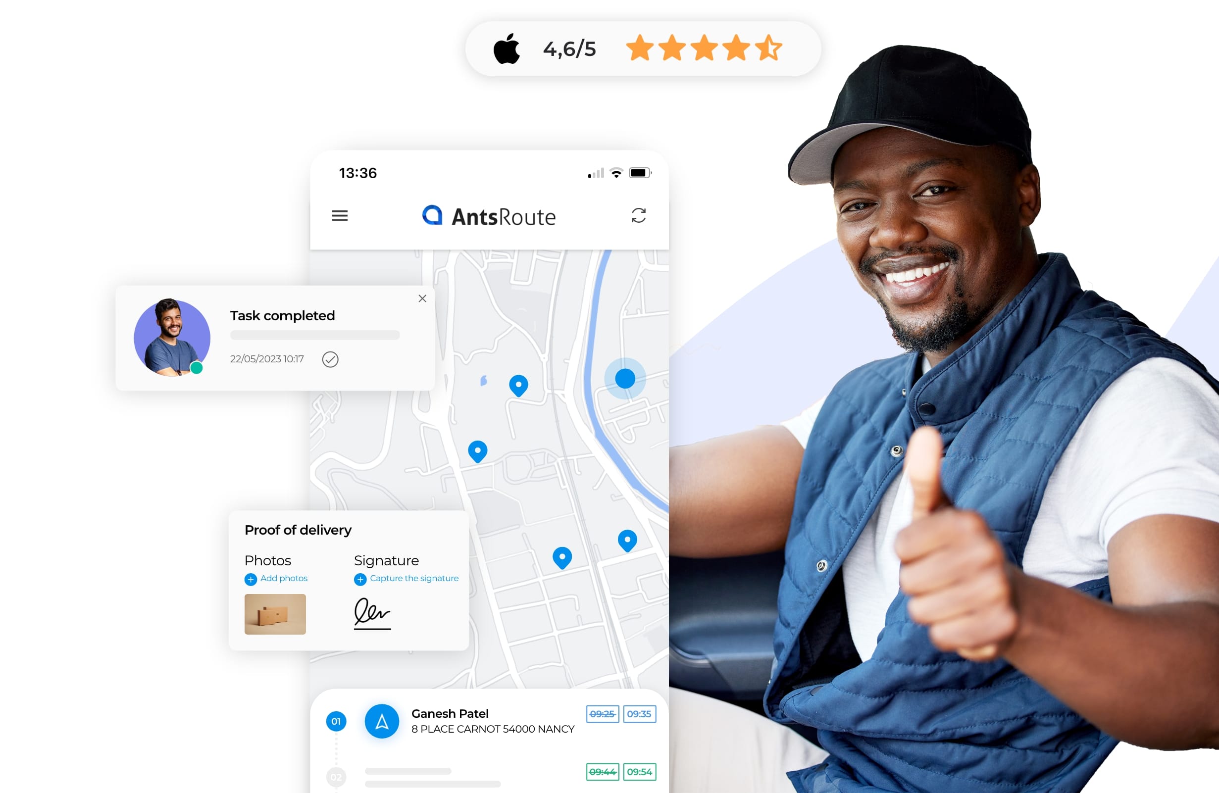 Dashboard of a field worker on AntsRoute with electronic route sheets and the transmission of proofs of delivery.