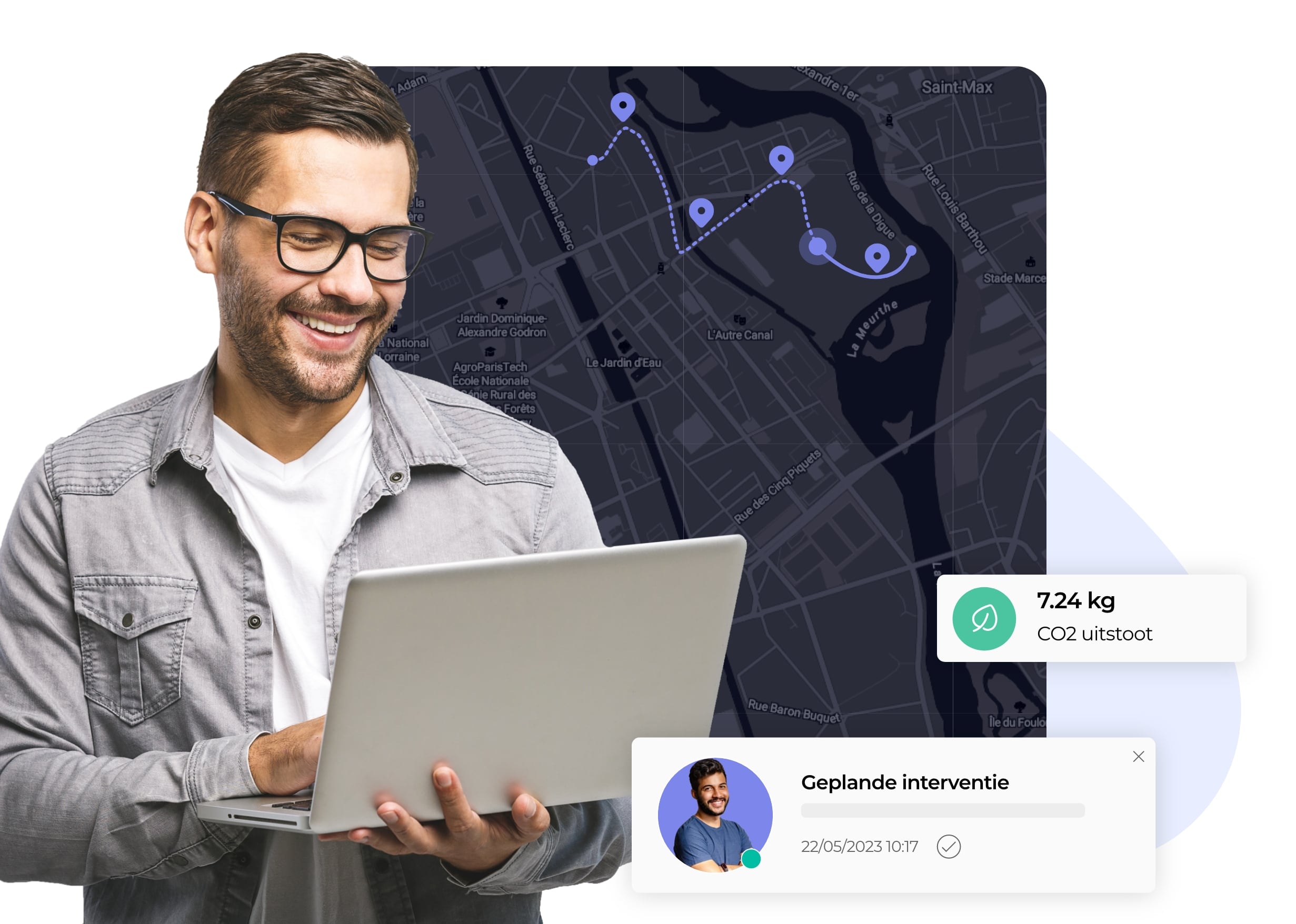 Weergave van de activiteit van een routeplanner op AntsRoute met de constructie van interventie- of leveringsroutes.