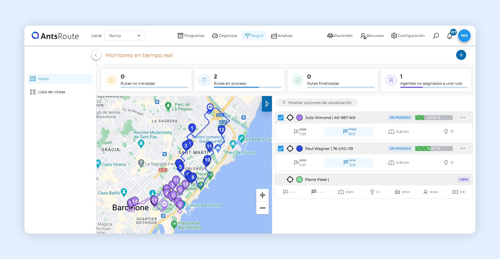 La interfaz de AntsRoute muestra dos rutas de visitas a domicilio en un mapa.