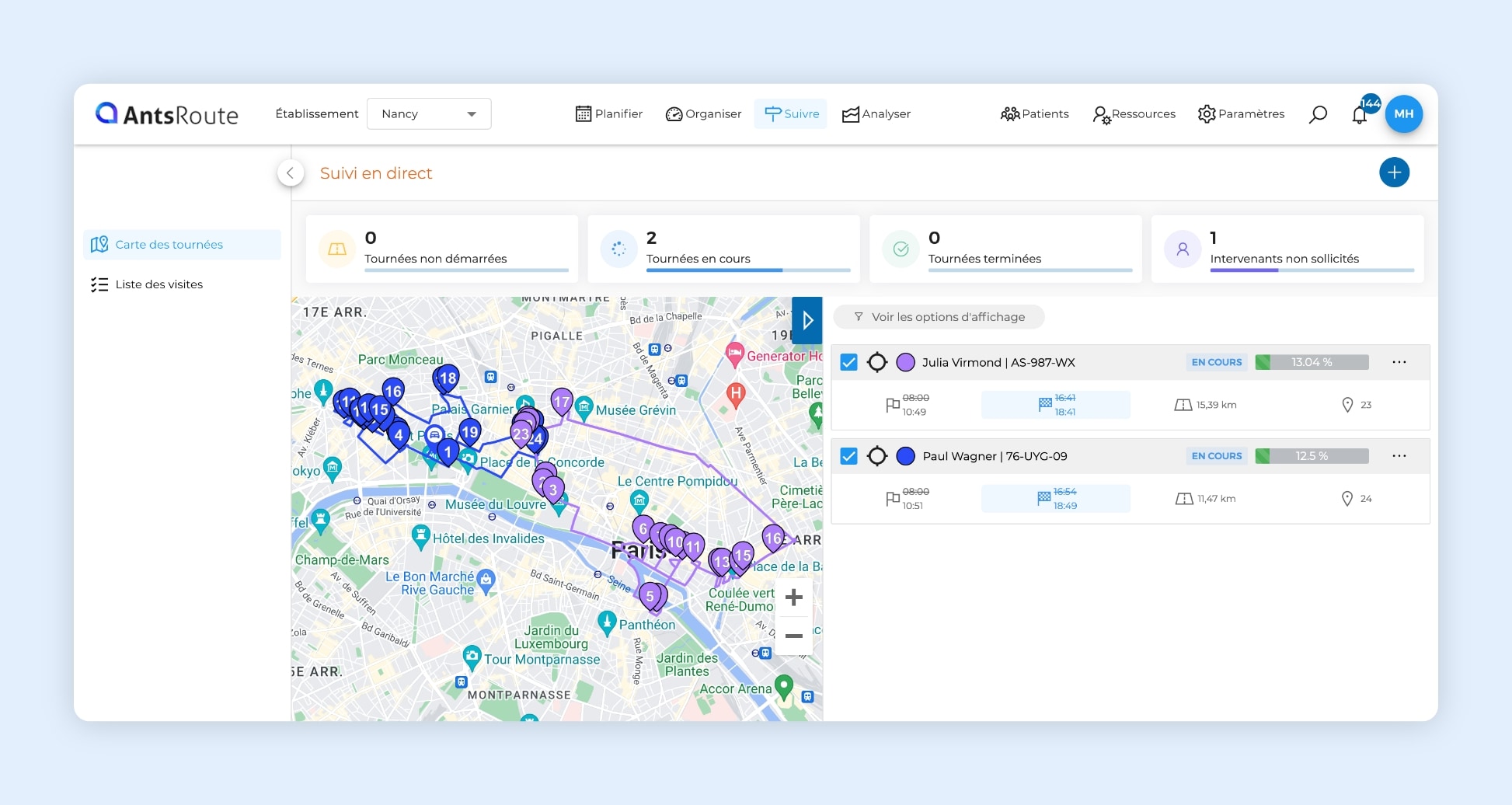 L'interface du logiciel AntsRoute montrant deux tournées de visites à domicile optimisées.