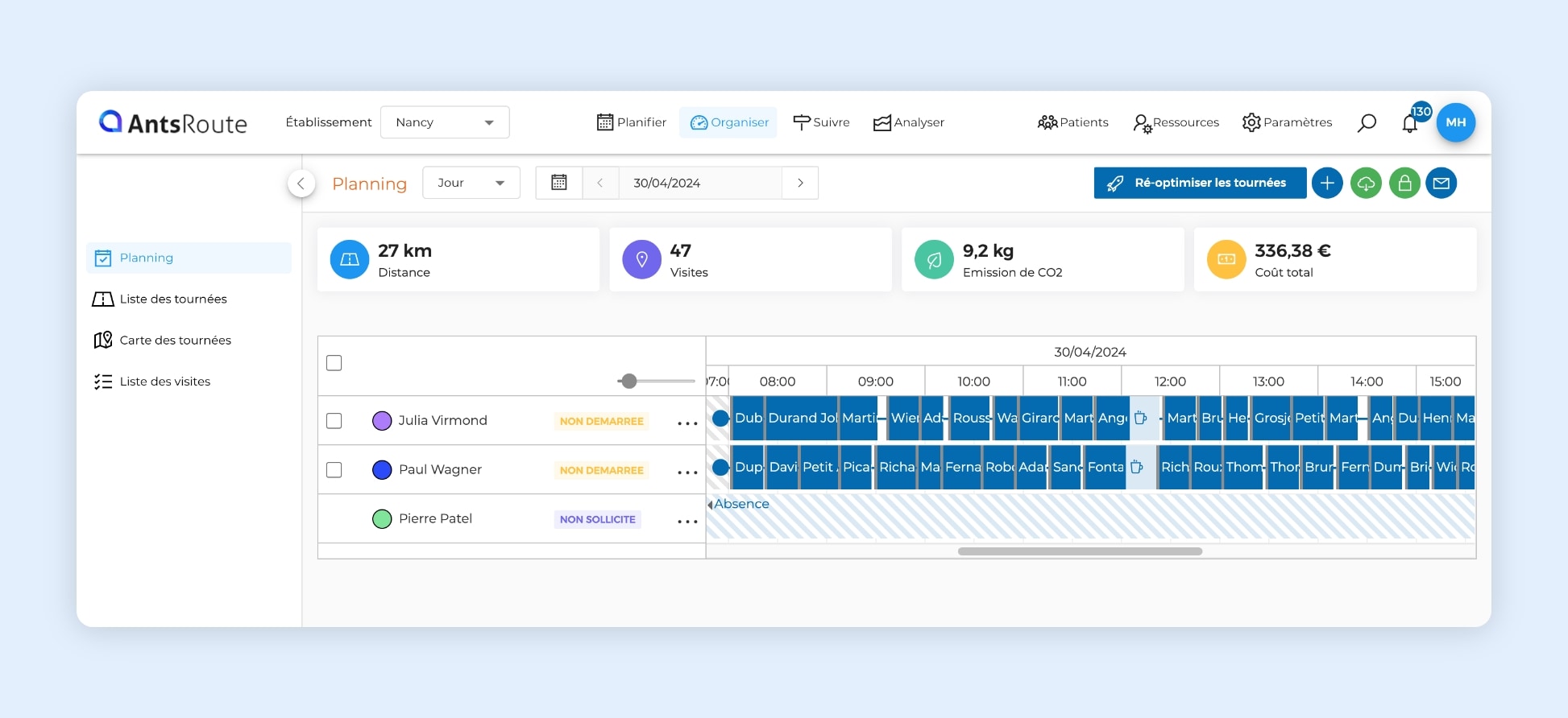 L'interface AntsRoute montrant les tournées de visites de deux techniciens.