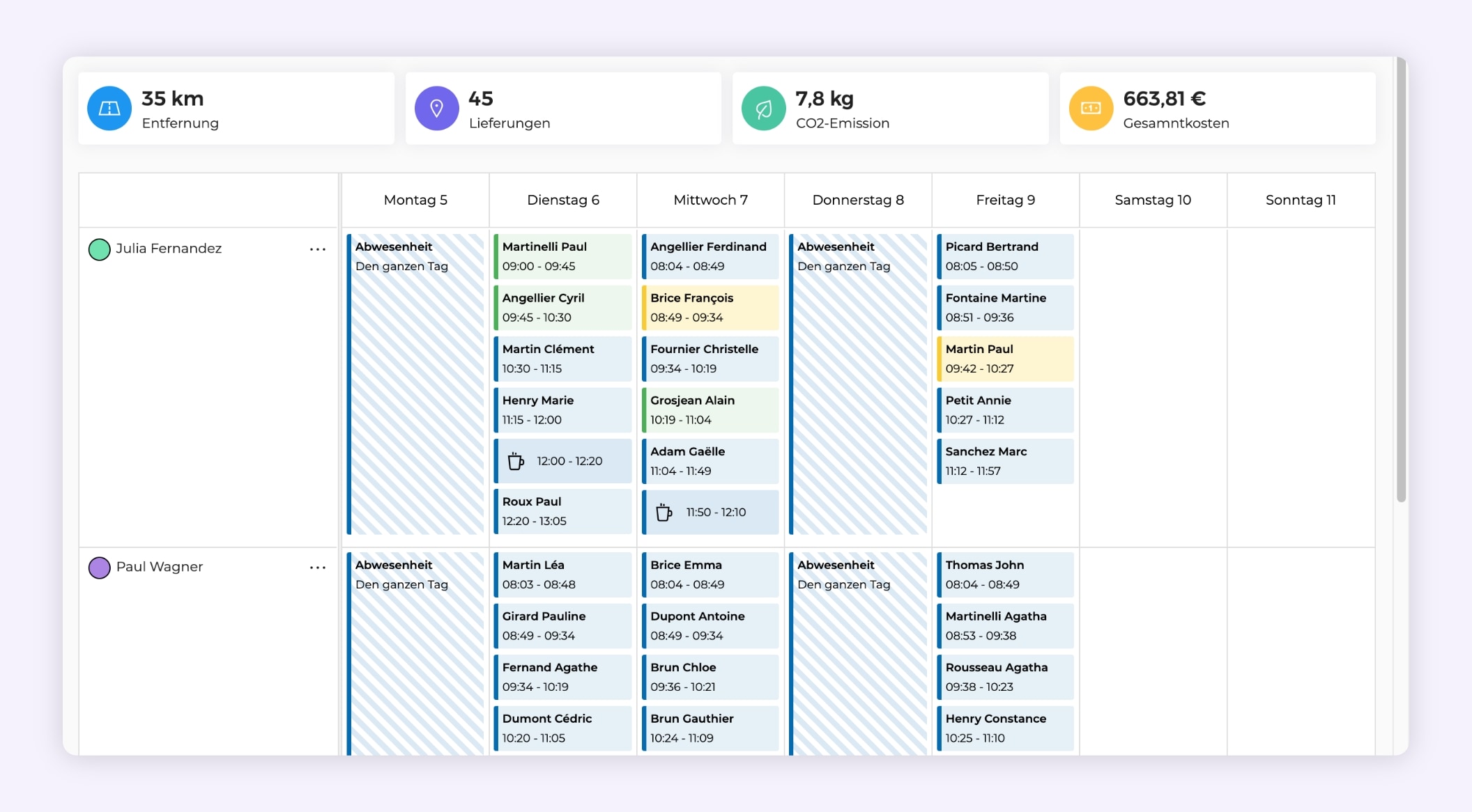 Die AntsRoute-Schnittstelle, die einen Zeitplan für eine Lieferung von zwei Zustellern zeigt.
