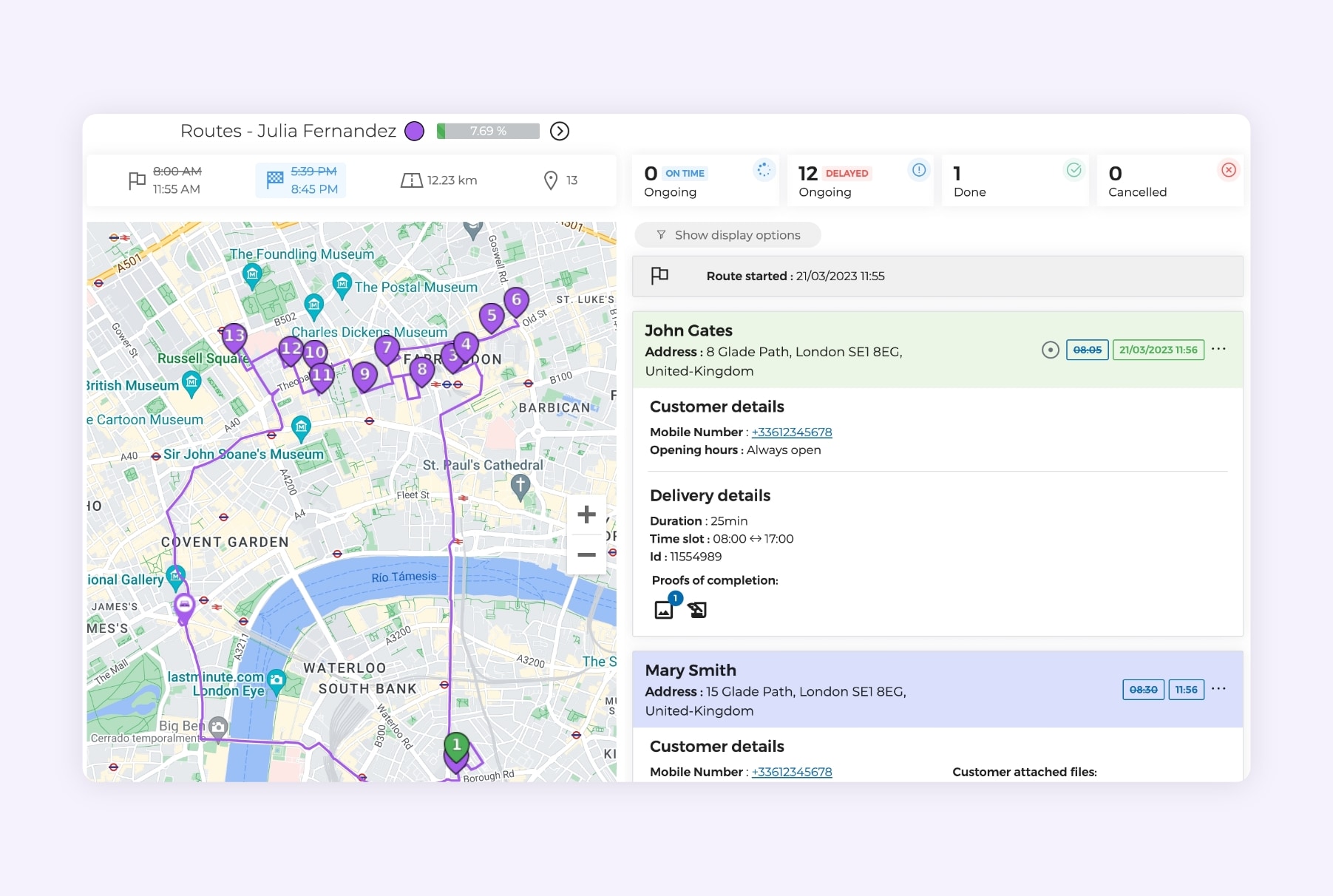 The AntsRoute software interface showing an optimised logistics route.