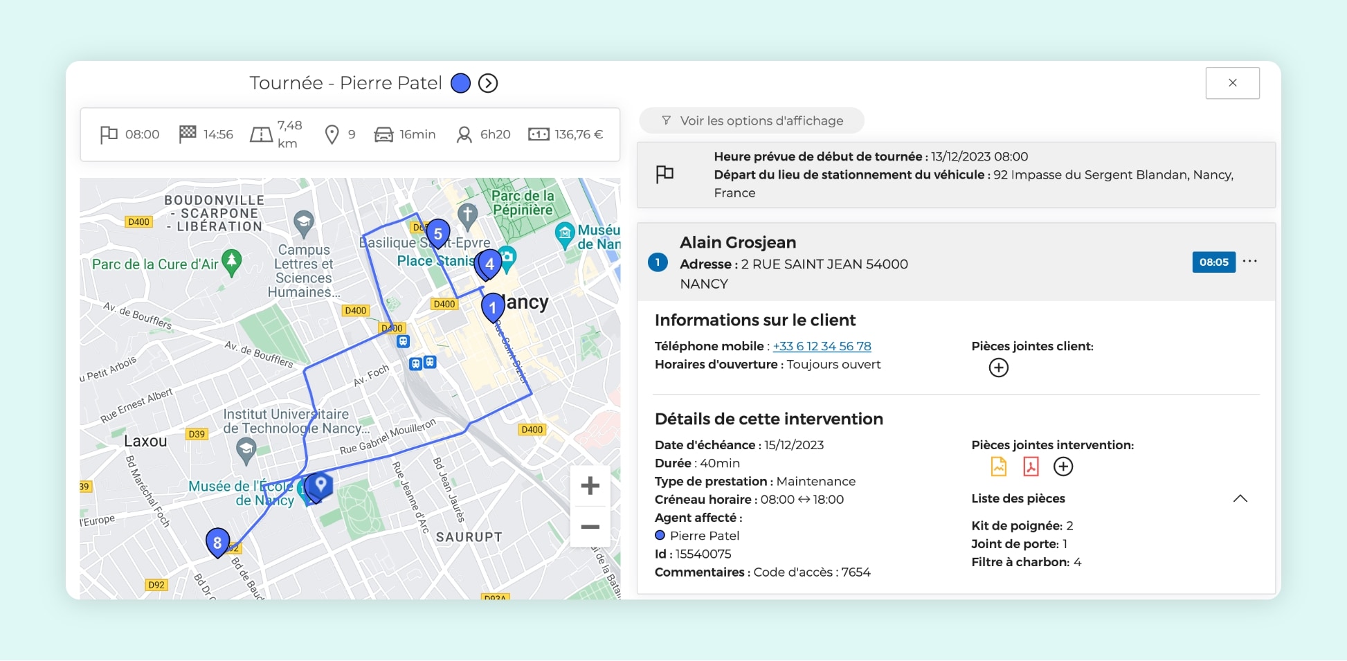 L’interface du logiciel AntsRoute montrant la tournée d’un technicien sur une carte.
