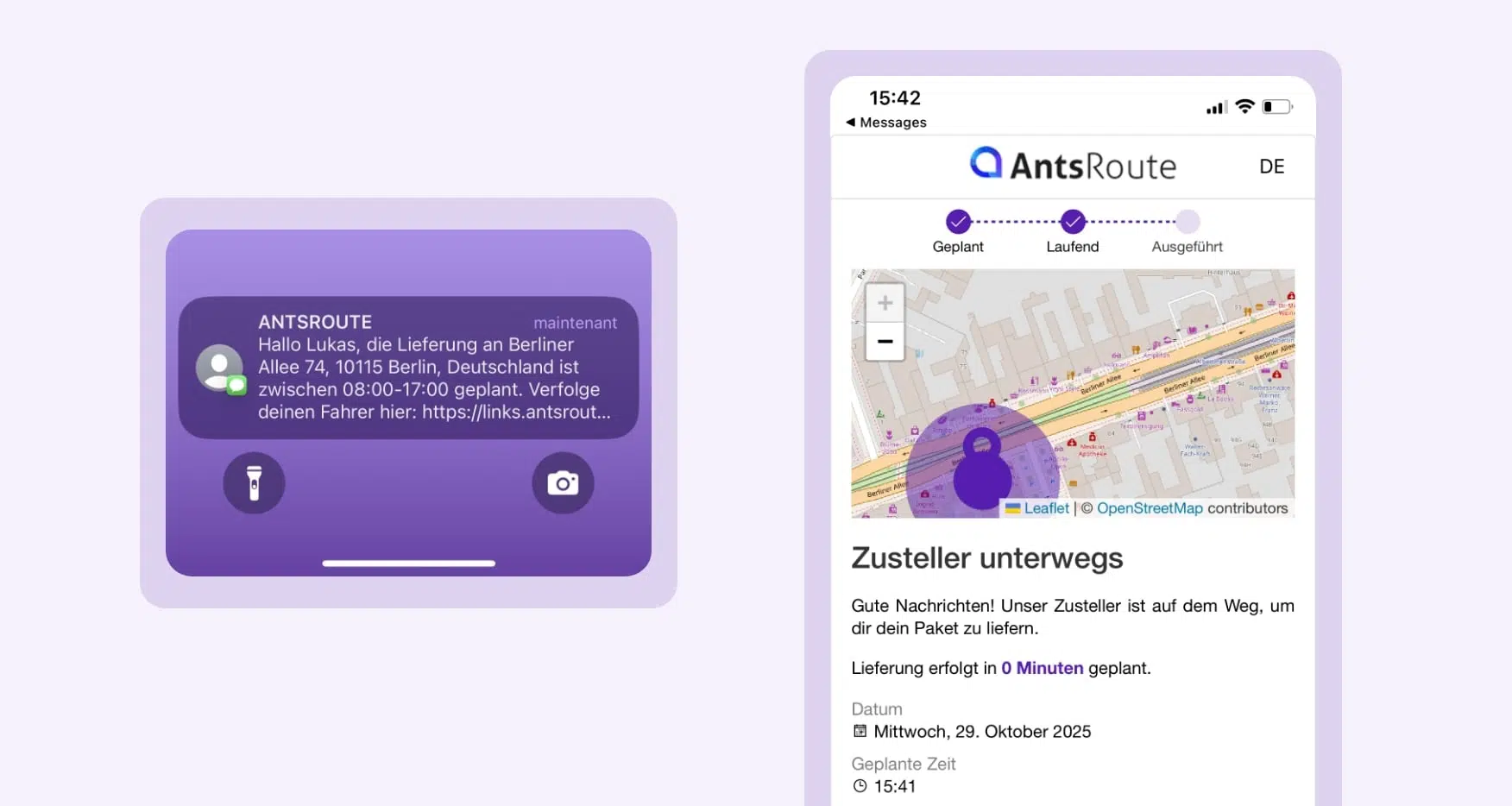 Benachrichtigungsvorlage zur Ankündigung der baldigen Ankunft des Fahrers, versendet über AntsRoute.