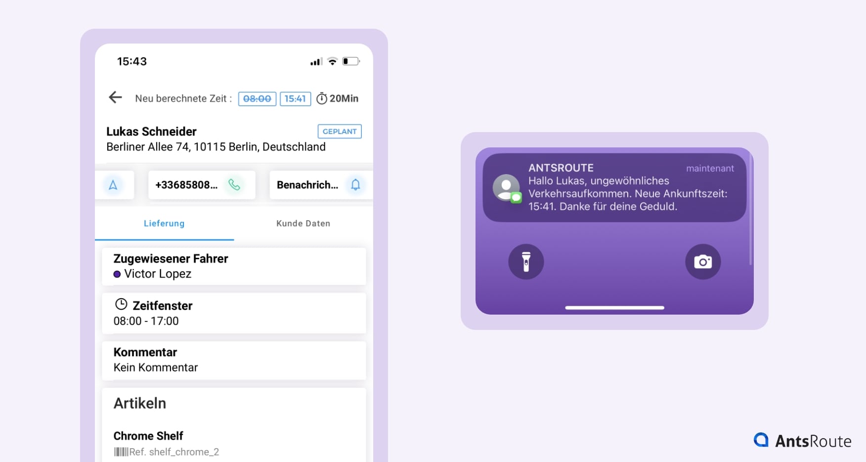 Benachrichtigungsvorlage zur Lieferung, direkt von dem Fahrer über die AntsRoute Mobile App gesendet.