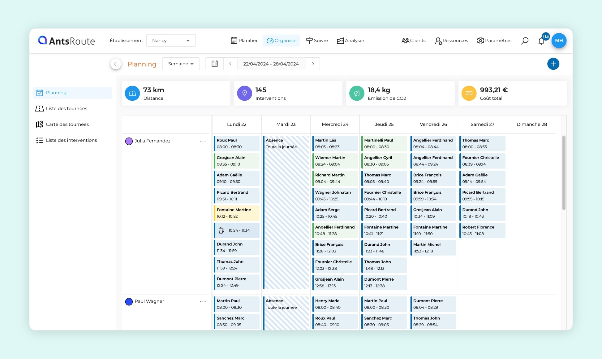 L'interface AntsRoute montrant un planning hebdomadaire d'interventions.