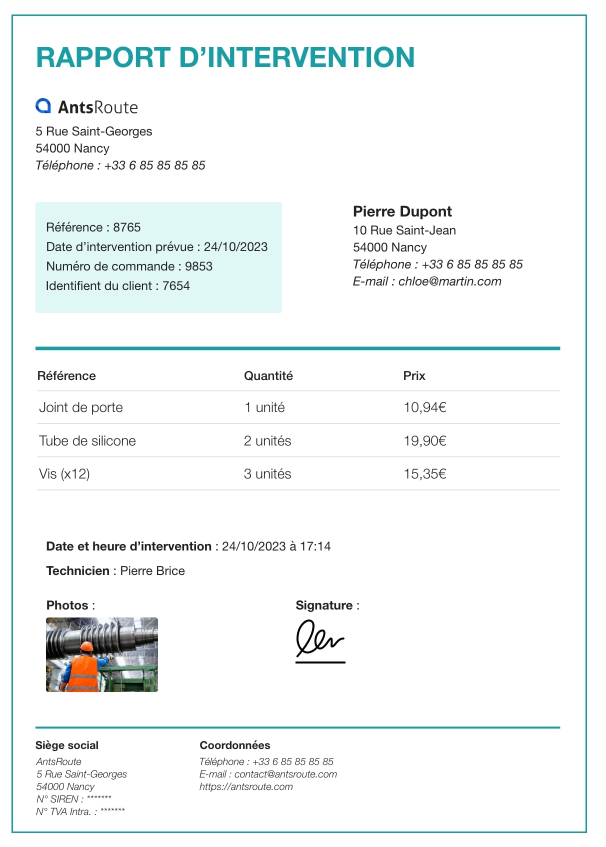 Le rapport d'une intervention réalisé avec AntsRoute.