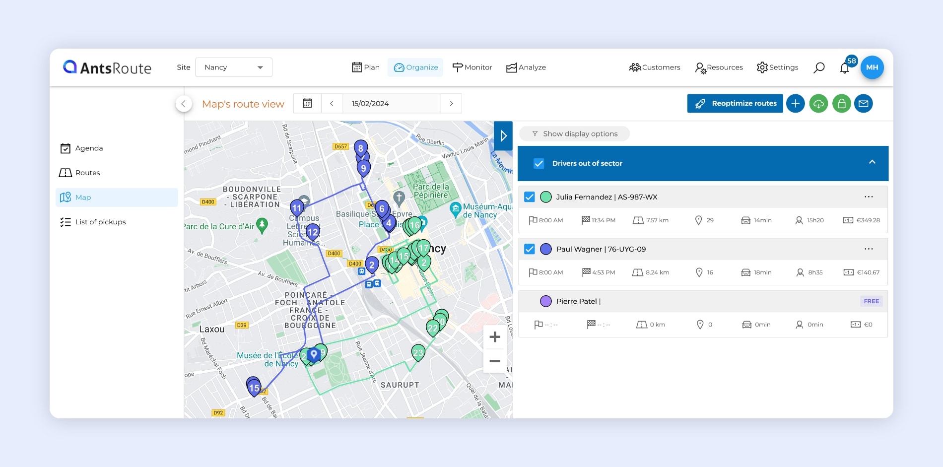 The AntsRoute interface showing two collection routes.