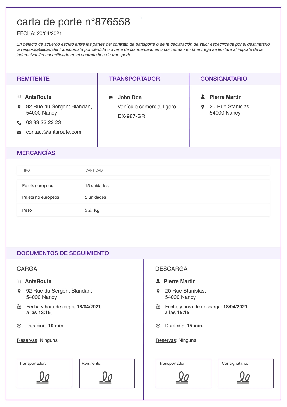 Modelo de carta de porte electrónica creada con el software AntsRoute.